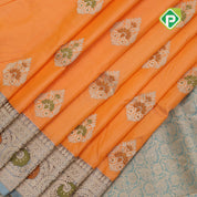 Peach orange silver zari meenawork thilagam butta bluiesh grey zari meena work border banaras silk saree