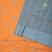 Peach orange silver zari meenawork thilagam butta bluiesh grey zari meena work border banaras silk saree