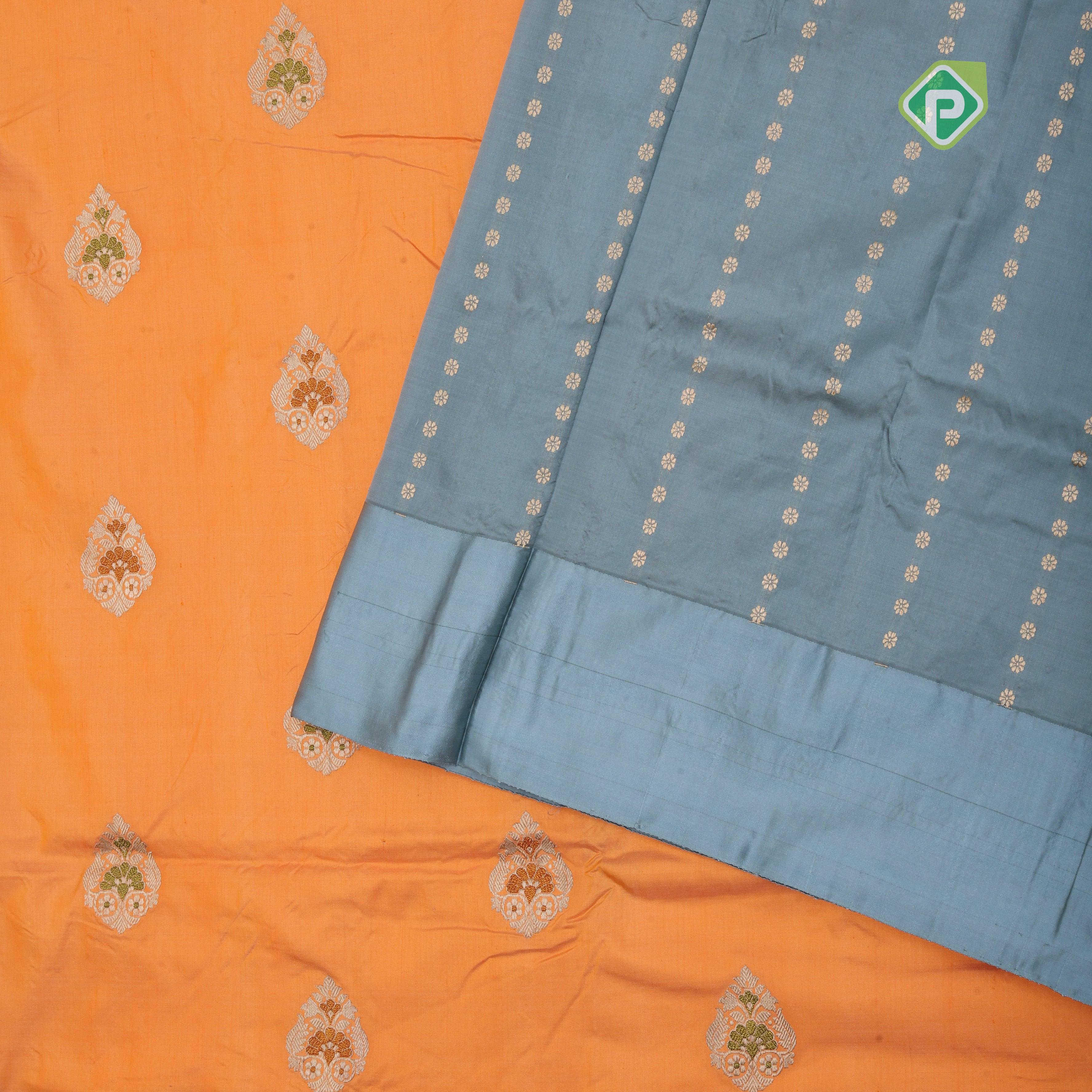 Peach orange silver zari meenawork thilagam butta bluiesh grey zari meena work border banaras silk saree