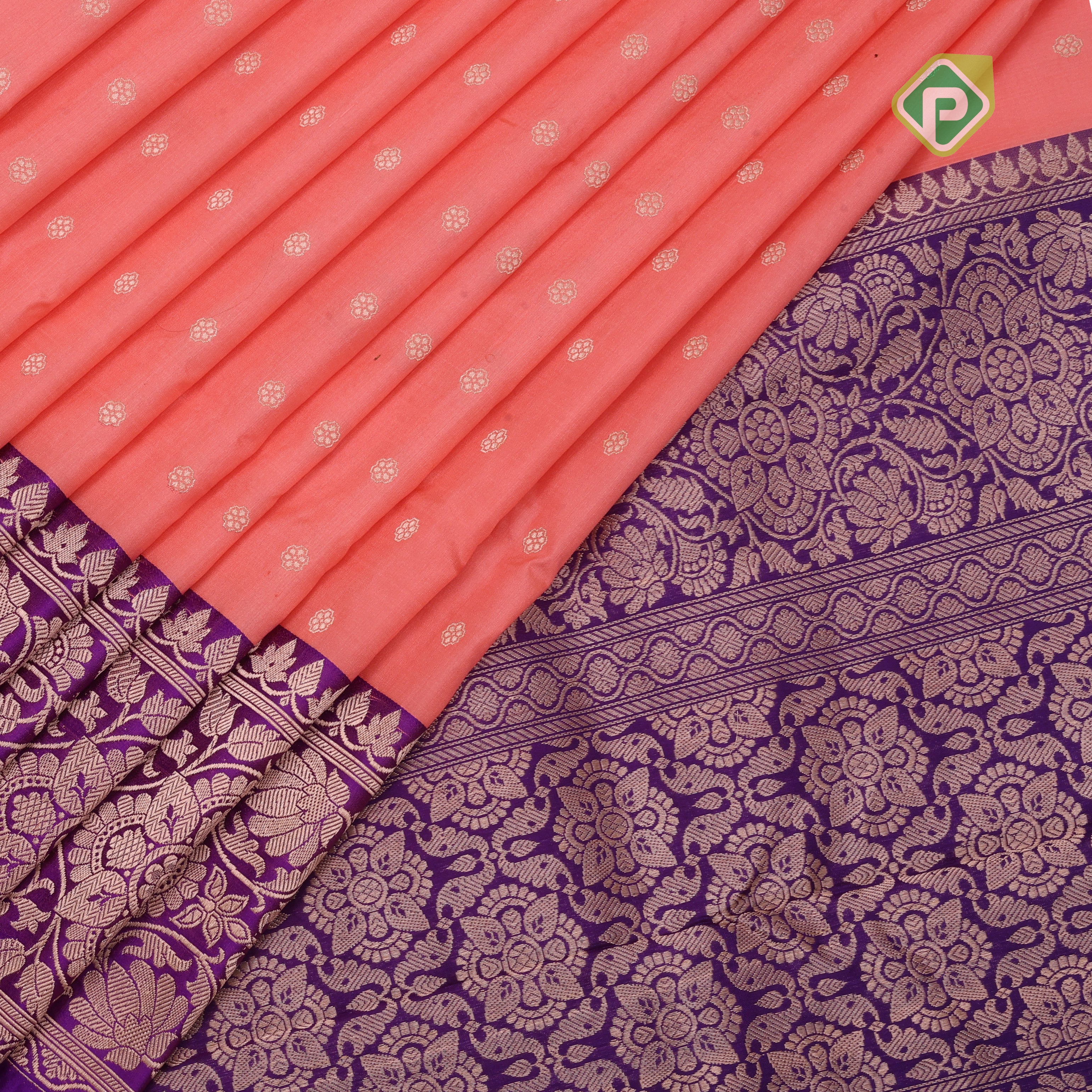 peach pink gold zari small flower design Purple gold zari rangoli border banaras silk saree