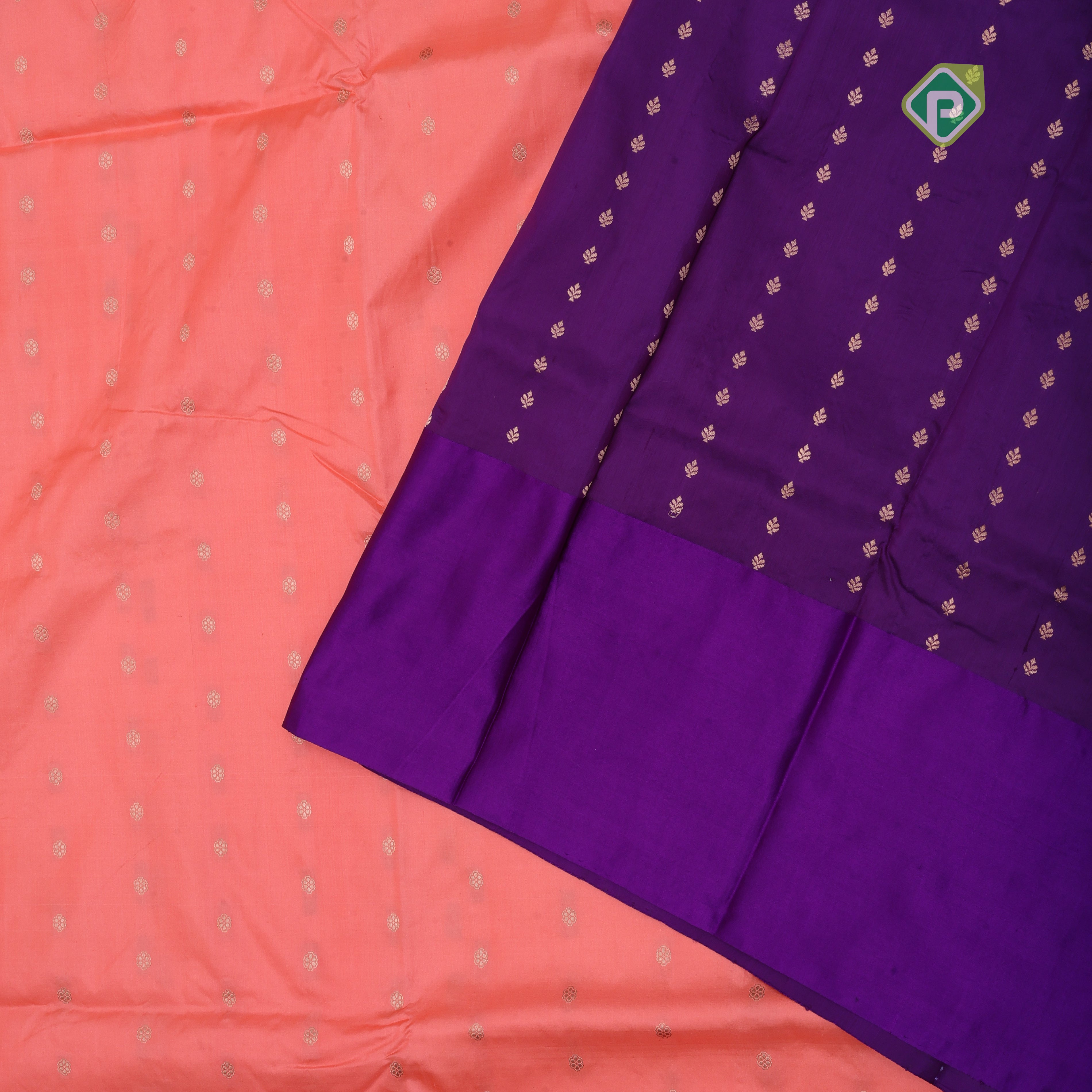 peach pink gold zari small flower design Purple gold zari rangoli border banaras silk saree