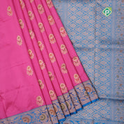 Baby pink silver gold zari meena work lotus design blue with gold zari rangoli border banaras silk saree