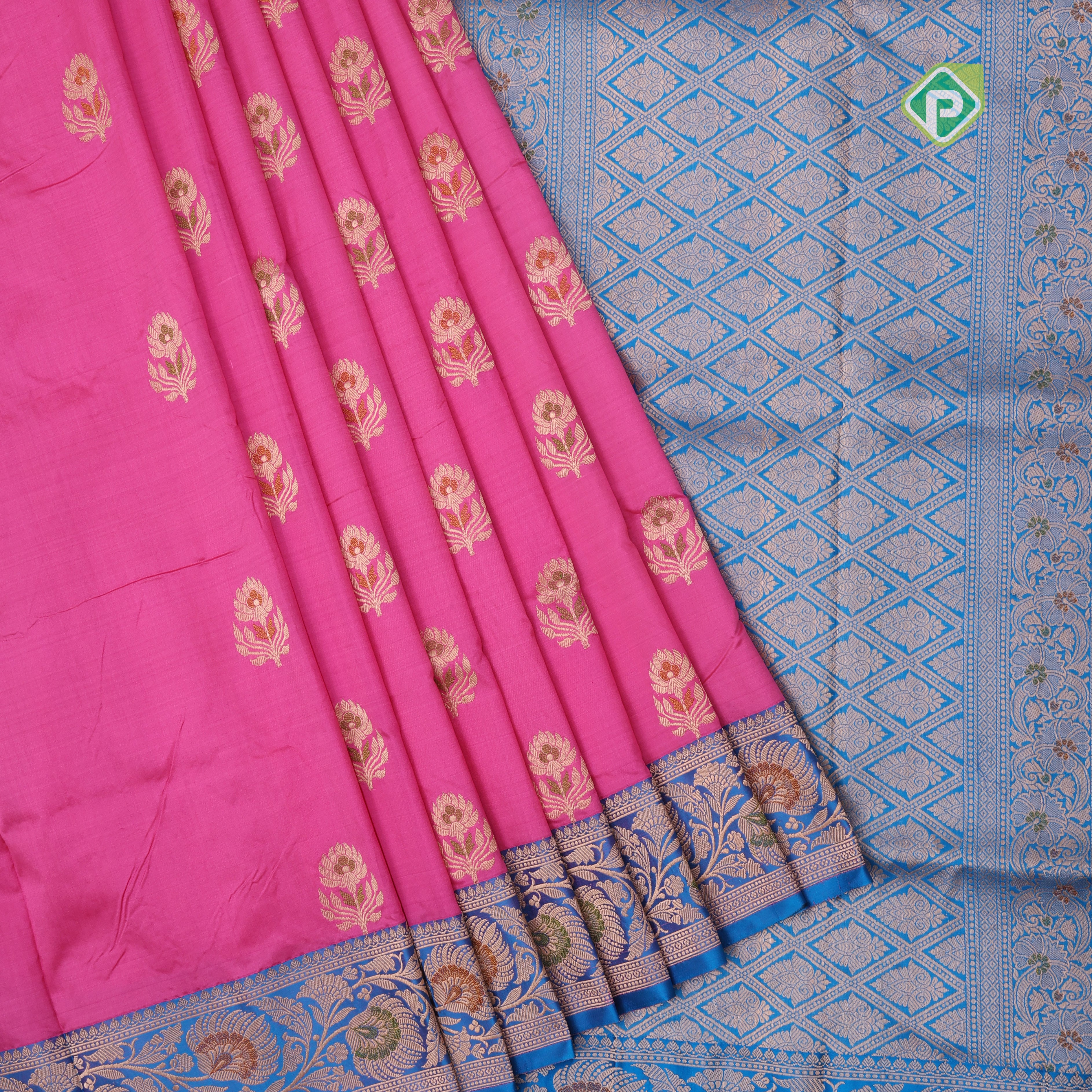 Baby pink silver gold zari meena work lotus design blue with gold zari rangoli border banaras silk saree