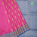 Baby pink silver gold zari meena work lotus design blue with gold zari rangoli border banaras silk saree