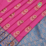Baby pink silver gold zari meena work lotus design blue with gold zari rangoli border banaras silk saree