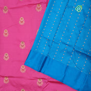 Baby pink silver gold zari meena work lotus design blue with gold zari rangoli border banaras silk saree