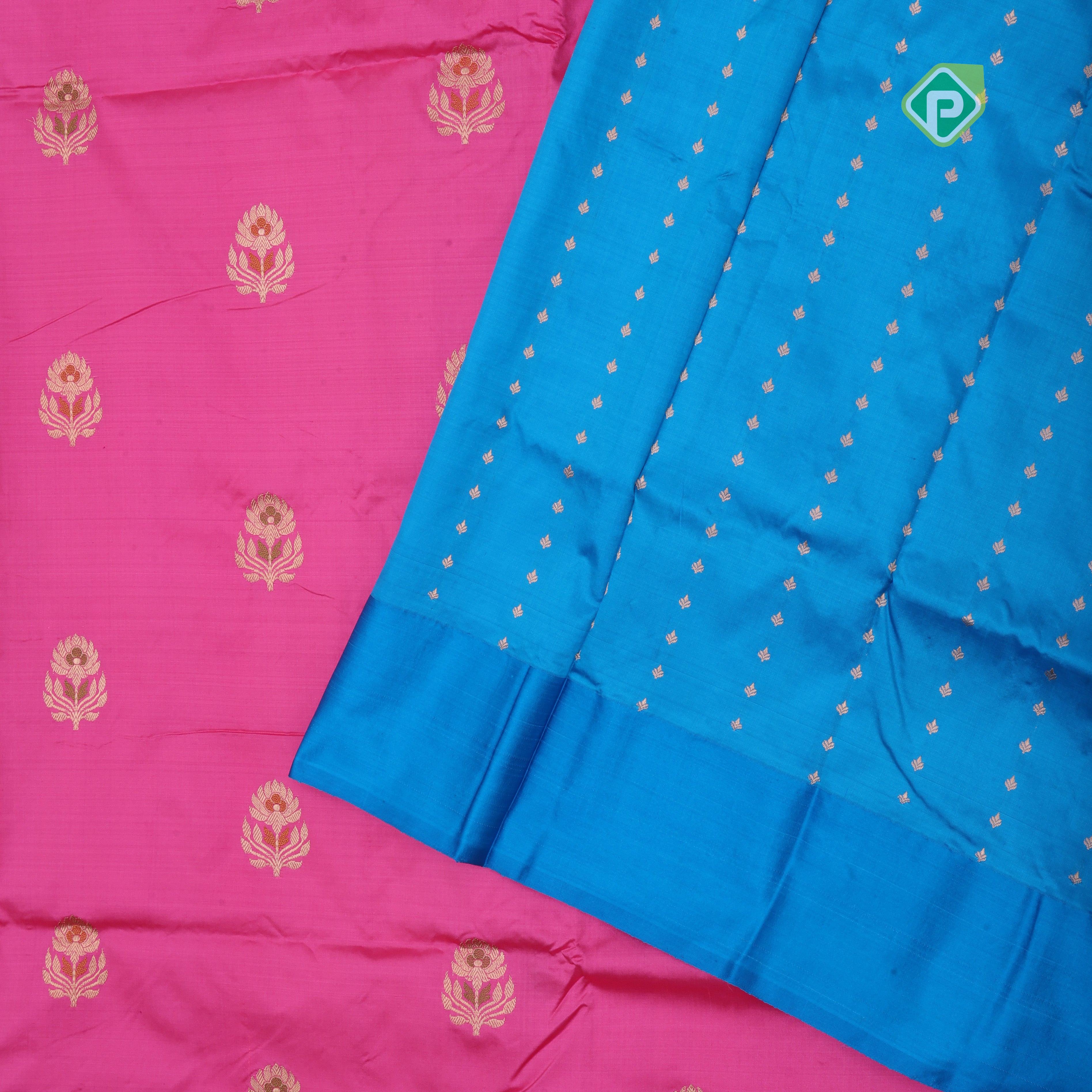 Baby pink silver gold zari meena work lotus design blue with gold zari rangoli border banaras silk saree
