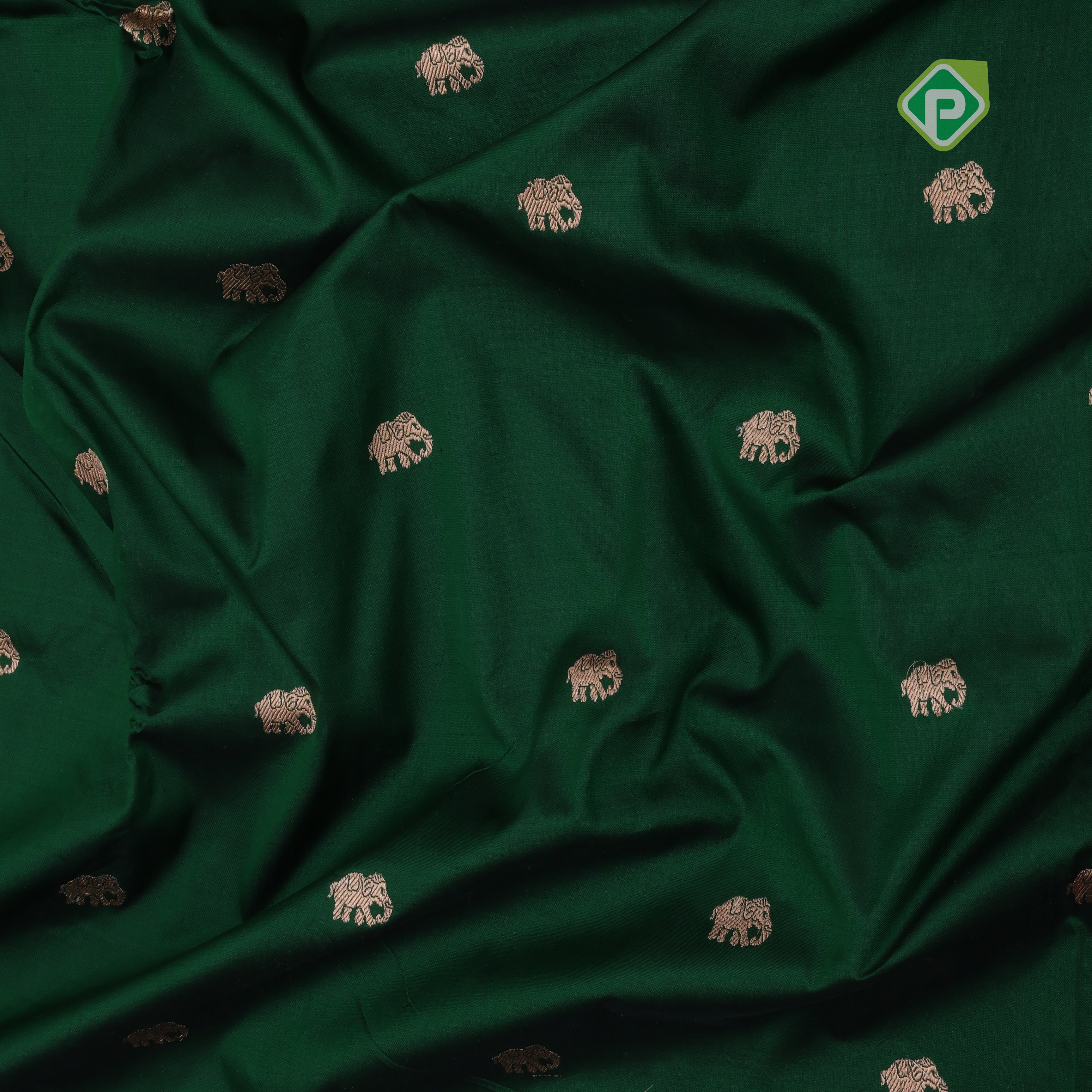Forest green gold zari elephant butta contrast red rangoli mid mayilkan border banaras saree