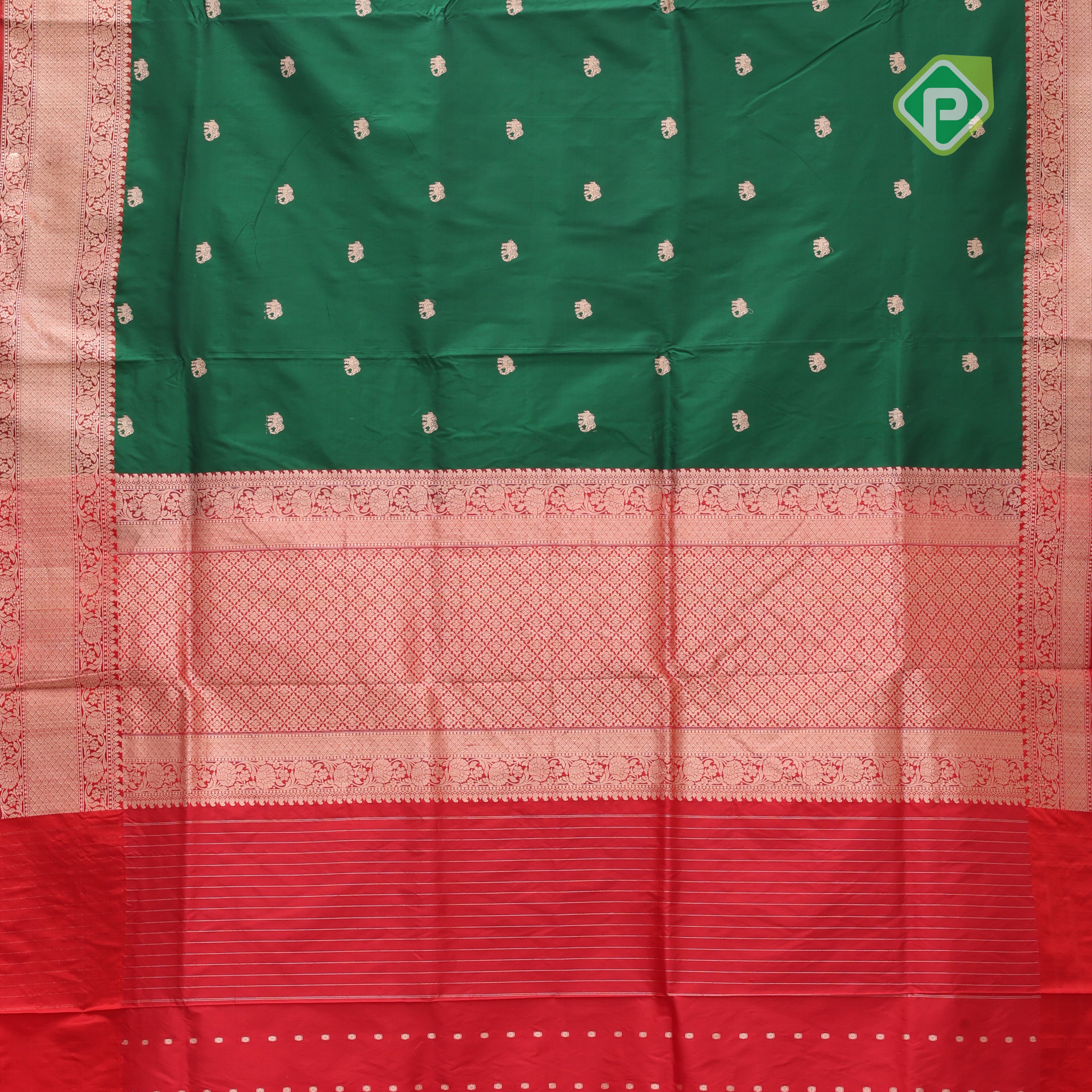 Forest green gold zari elephant butta contrast red rangoli mid mayilkan border banaras saree