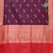 Dark purple gold zari parrot meena work red gold zari rangoli design border banaras silk saree