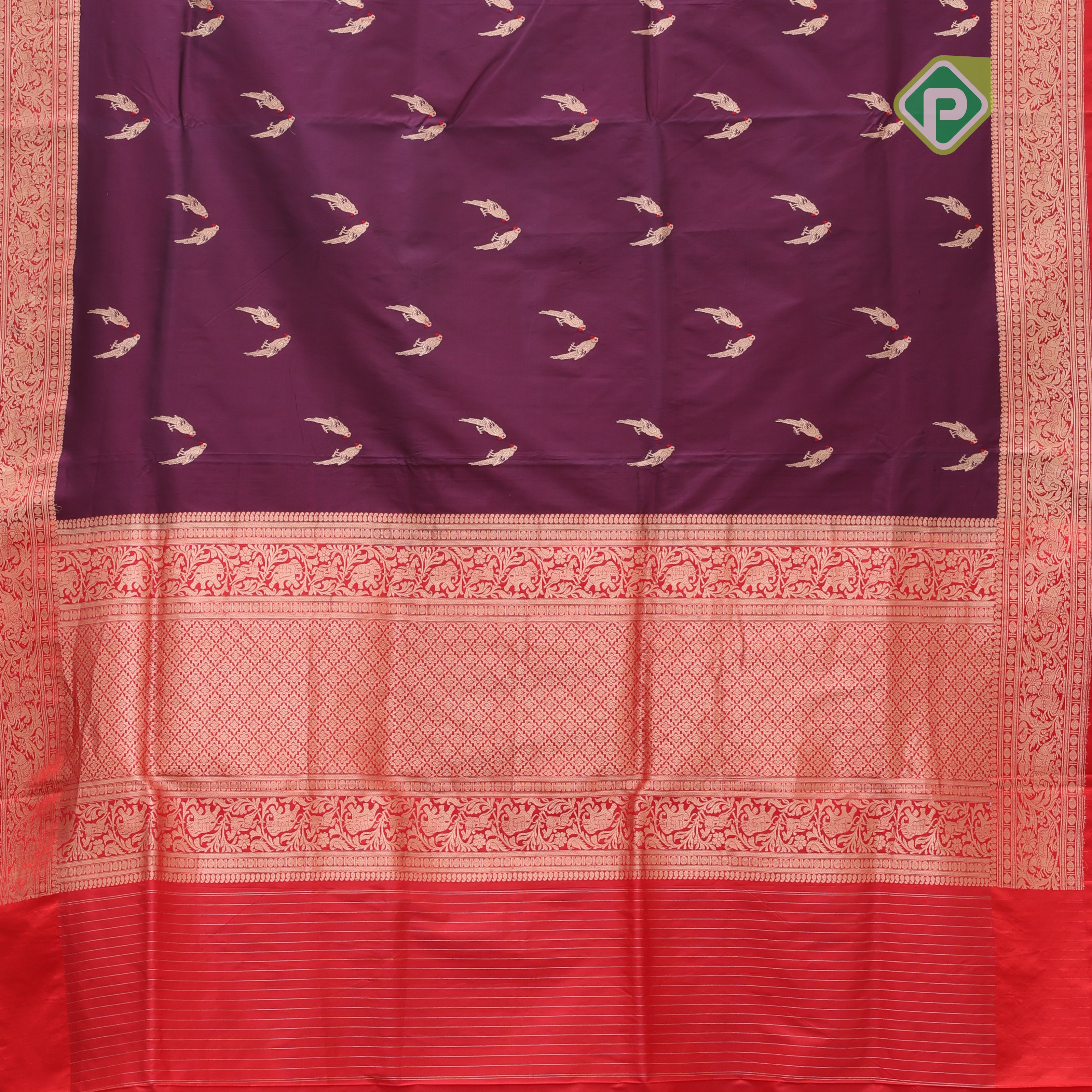Dark purple gold zari parrot meena work red gold zari rangoli design border banaras silk saree
