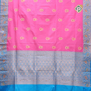 Baby pink silver gold zari meena work lotus design blue with gold zari rangoli border banaras silk saree