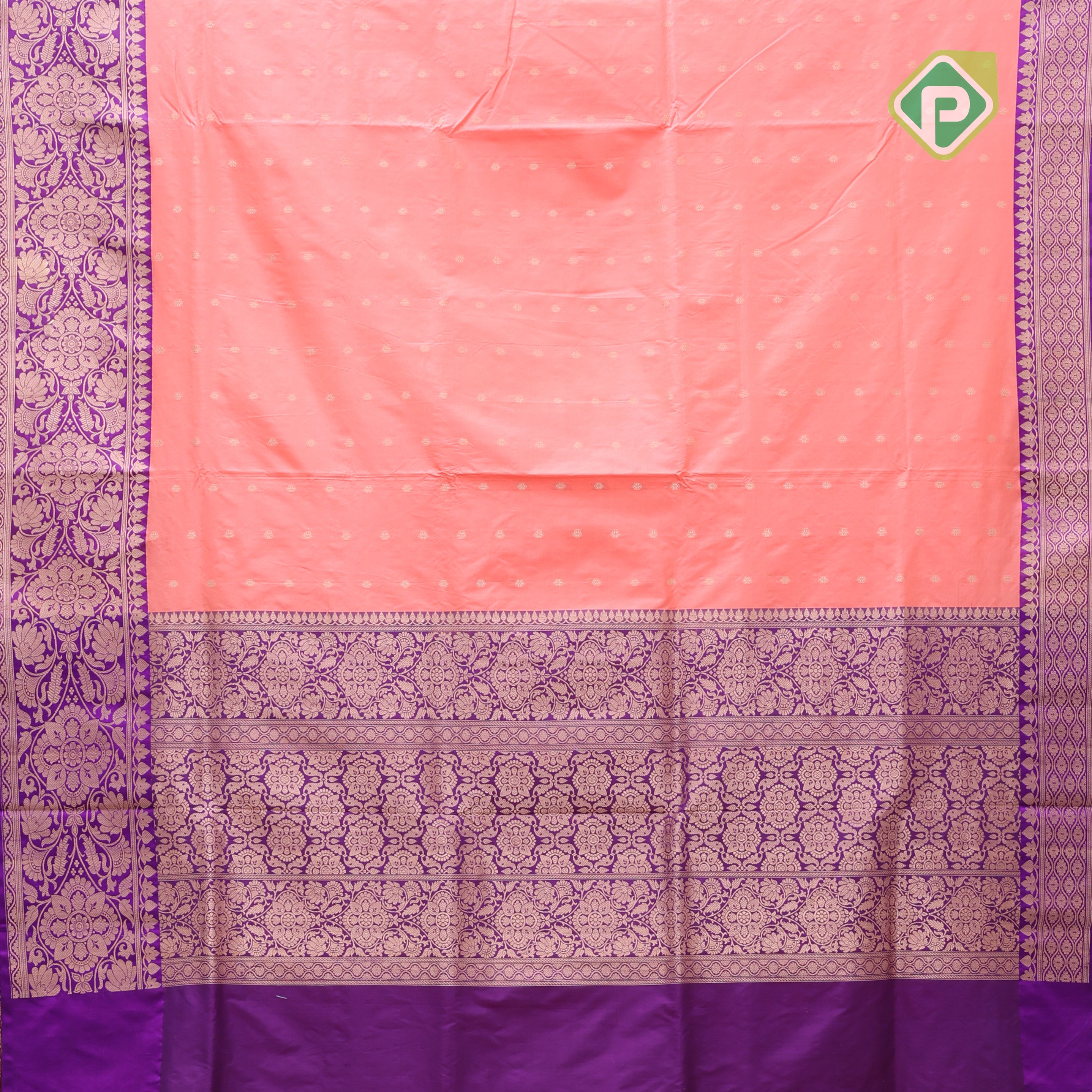 peach pink gold zari small flower design Purple gold zari rangoli border banaras silk saree