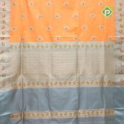 Peach orange silver zari meenawork thilagam butta bluiesh grey zari meena work border banaras silk saree