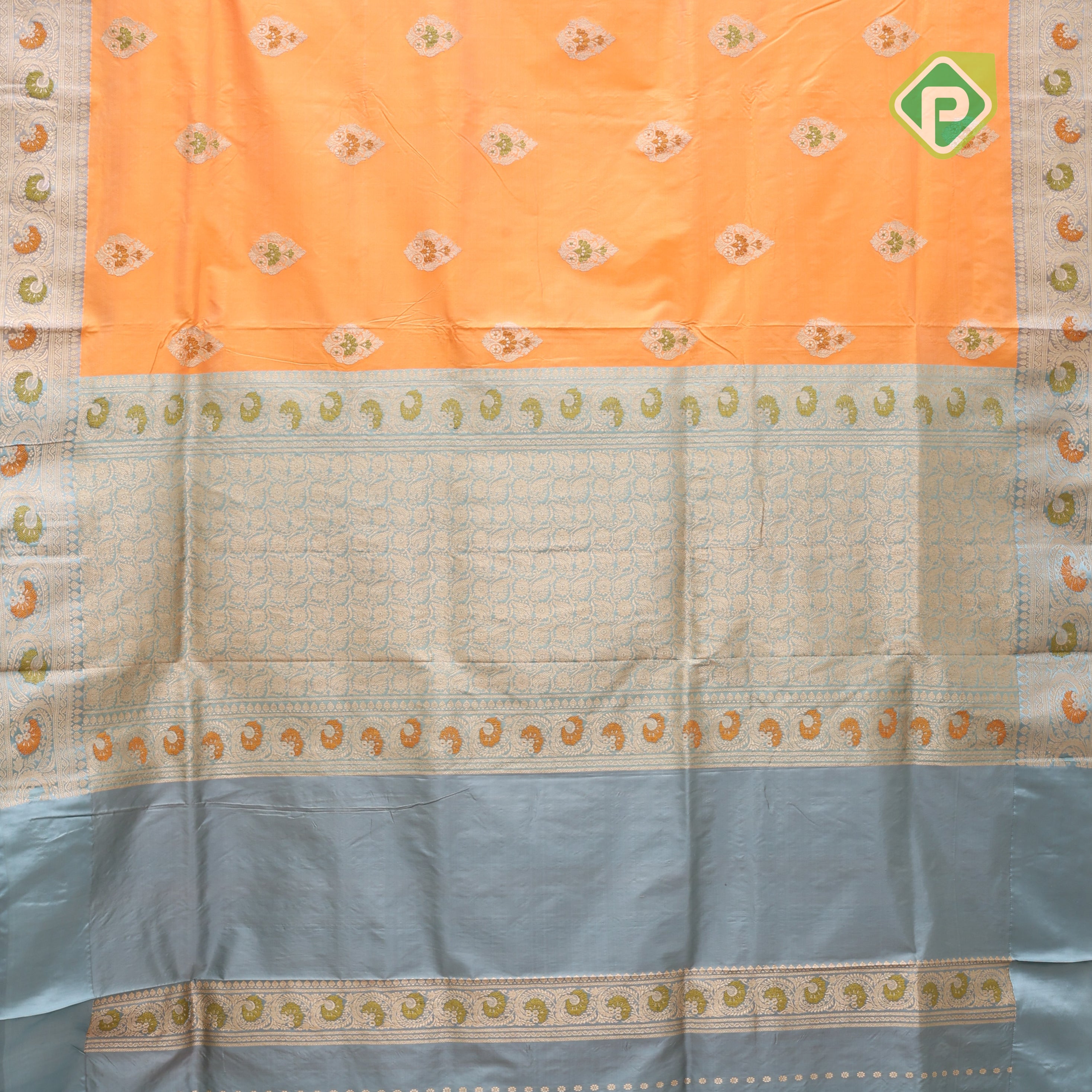 Peach orange silver zari meenawork thilagam butta bluiesh grey zari meena work border banaras silk saree