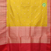 mango yellow gold zari peacock butta design contrast red gold zari rangoli design lines border banaras silk saree