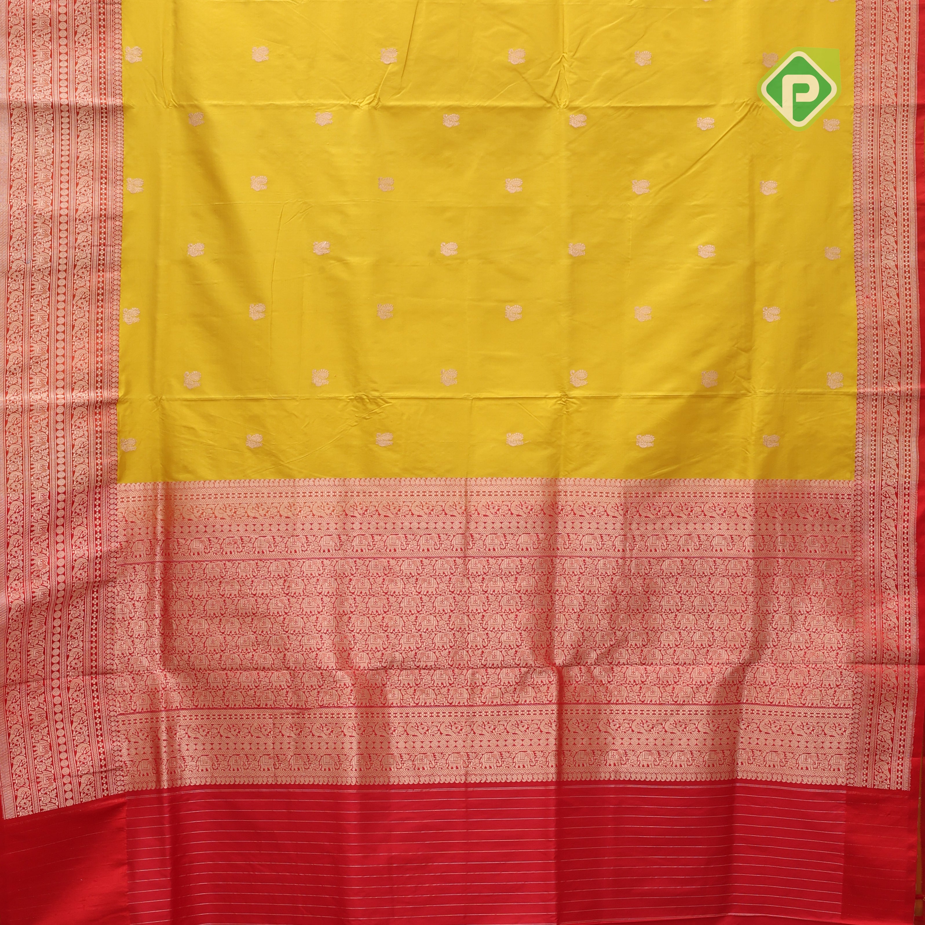 mango yellow gold zari peacock butta design contrast red gold zari rangoli design lines border banaras silk saree