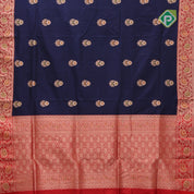 Indigo blue silver gold zari meena work lotus design Red gold zari rangoli border banaras silk saree