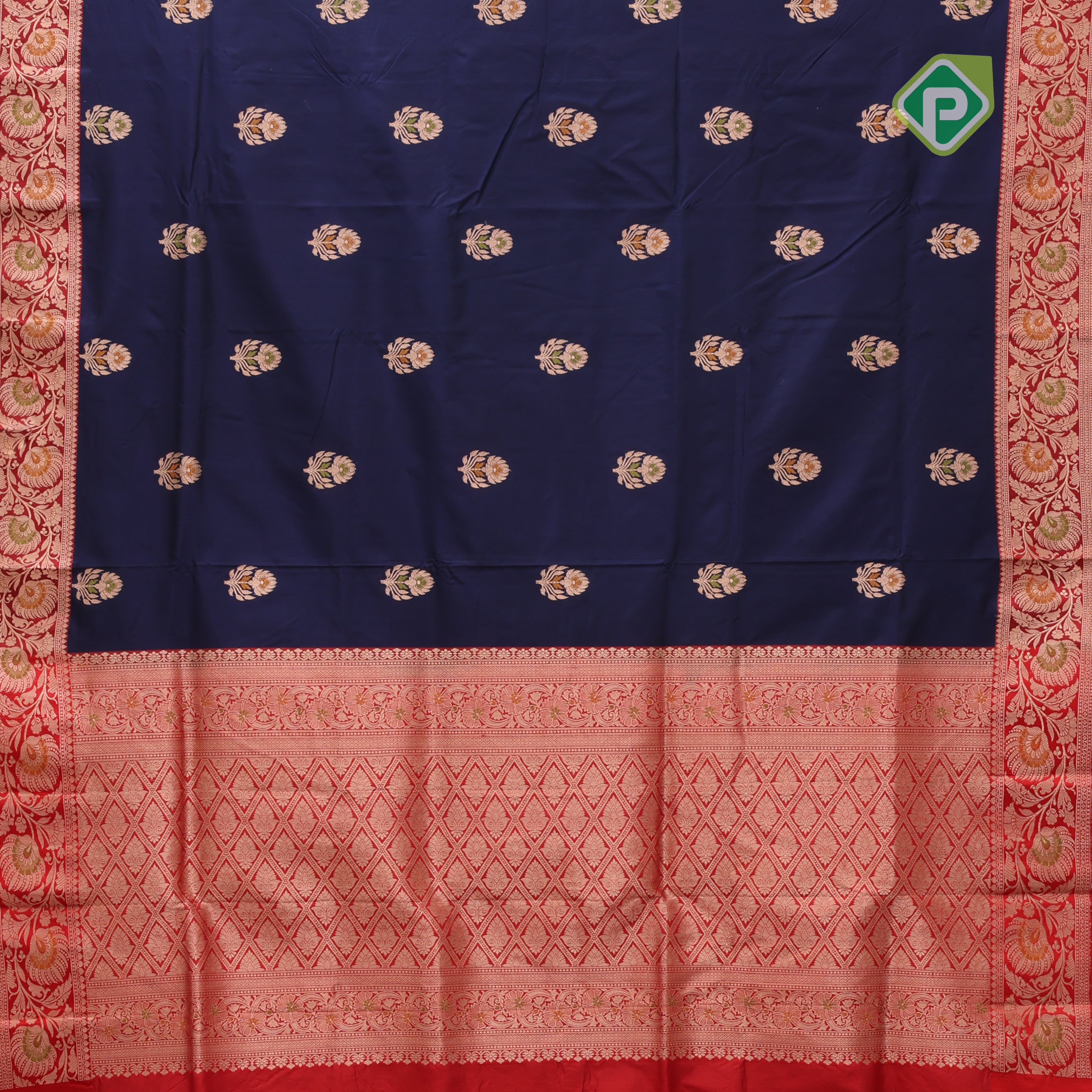 Indigo blue silver gold zari meena work lotus design Red gold zari rangoli border banaras silk saree
