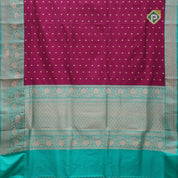 Hot pink gold zari small flower butta design contrast green gold zari rangoli border banaras silk saree
