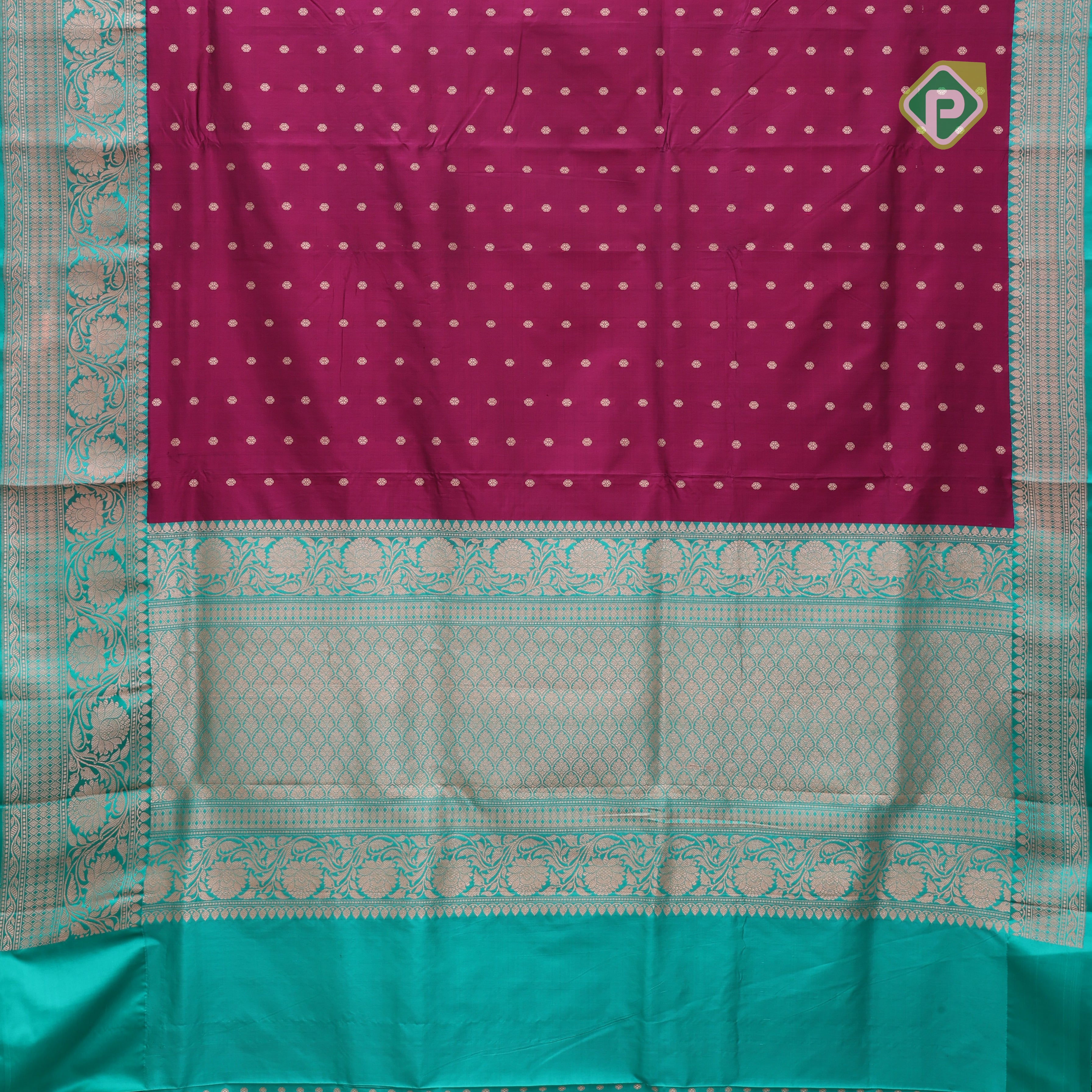 Hot pink gold zari small flower butta design contrast green gold zari rangoli border banaras silk saree