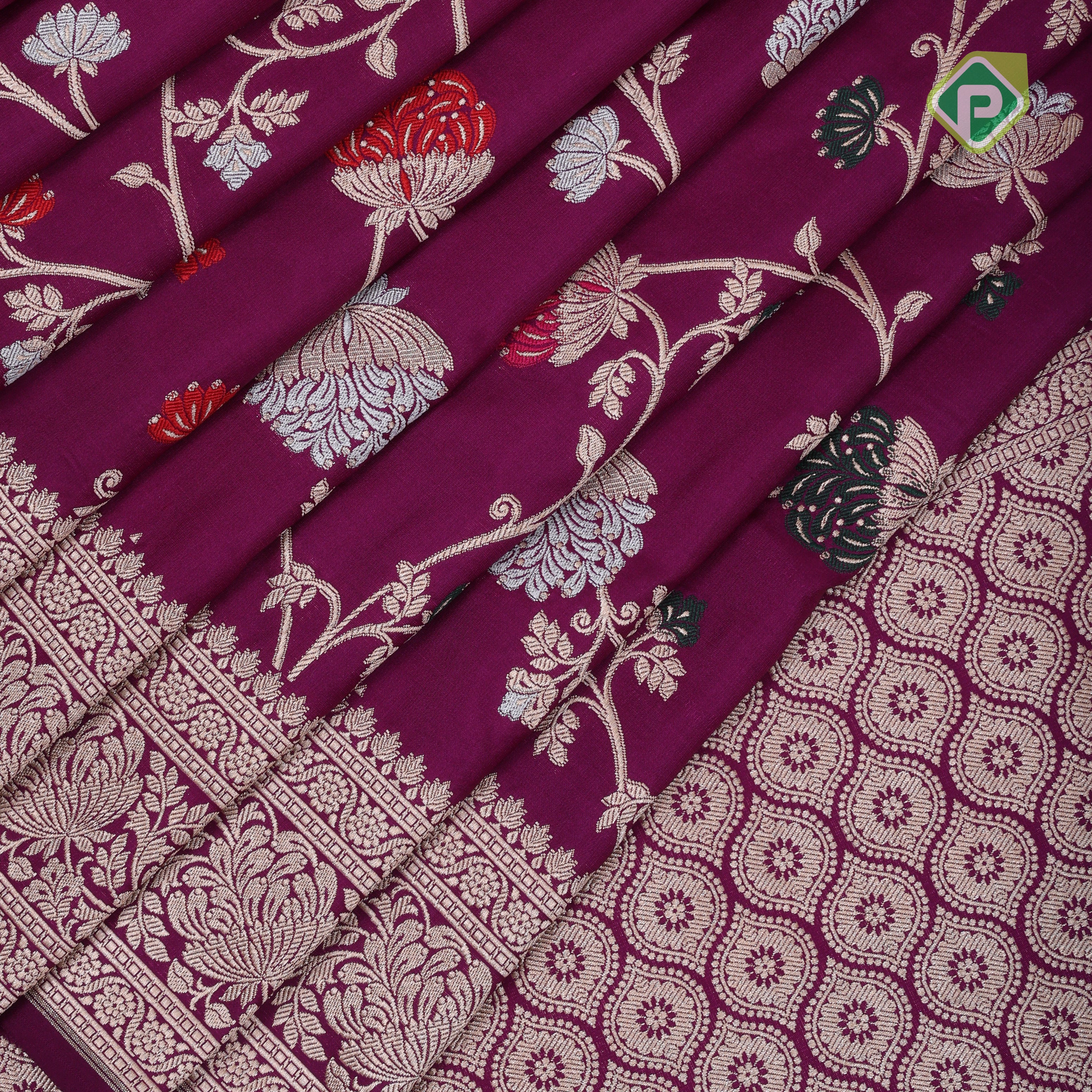Dark pink silver gold zari grand floral design self gold zari rangoli design Banaras silk saree
