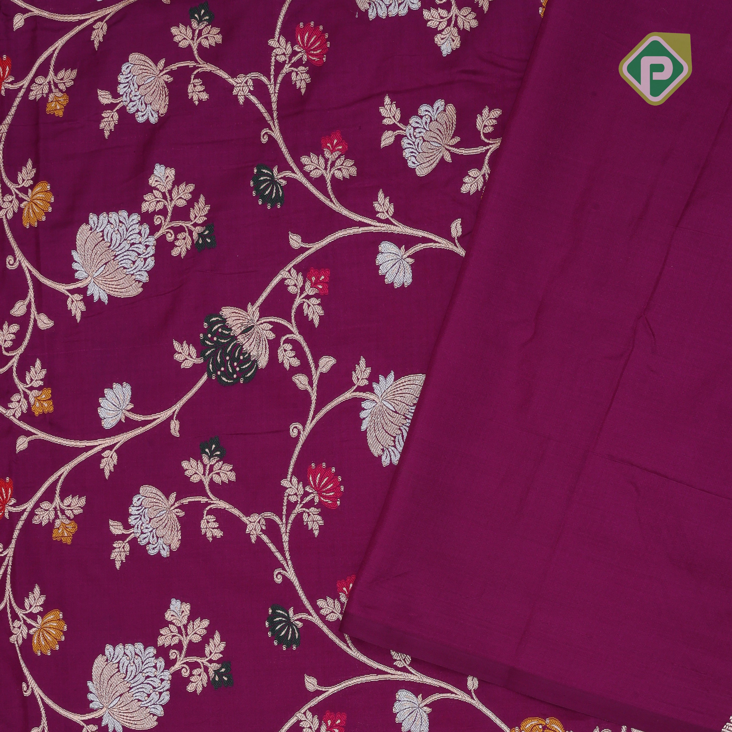 Dark pink silver gold zari grand floral design self gold zari rangoli design Banaras silk saree