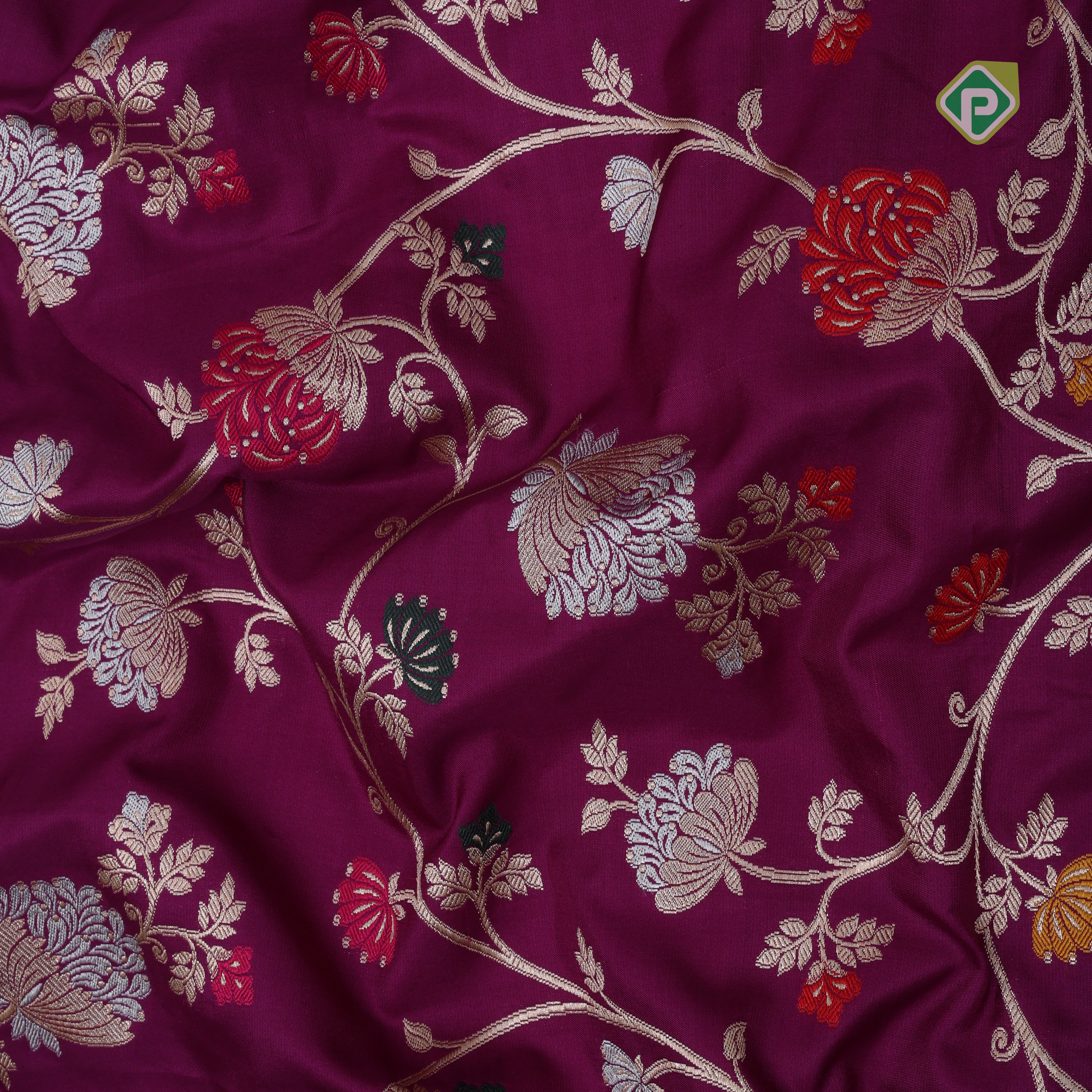 Dark pink silver gold zari grand floral design self gold zari rangoli design Banaras silk saree