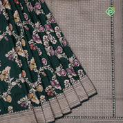 bottle green silver gold zari grand floral design self gold zari rangoli design Banaras silk saree