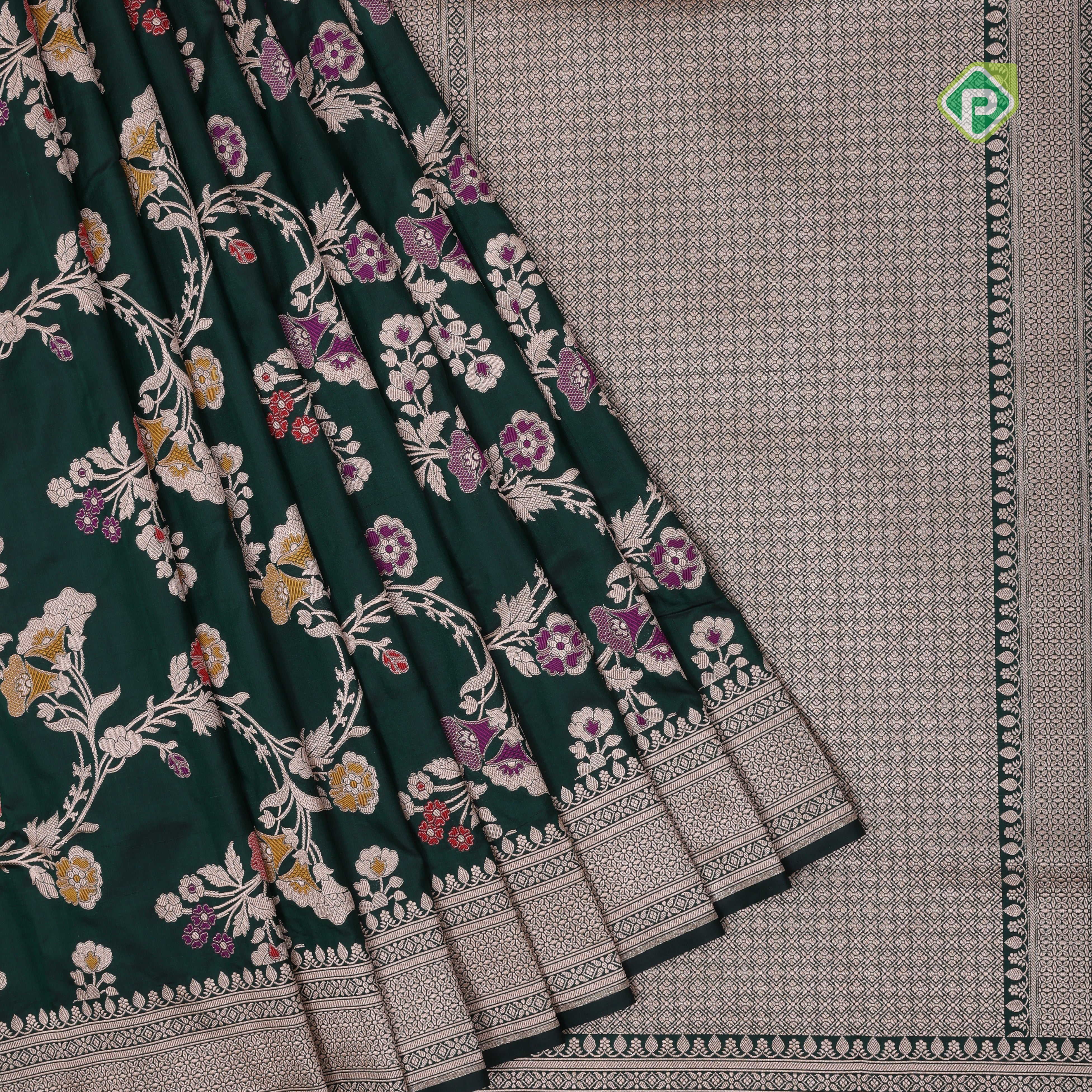 bottle green silver gold zari grand floral design self gold zari rangoli design Banaras silk saree