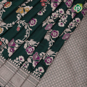 bottle green silver gold zari grand floral design self gold zari rangoli design Banaras silk saree