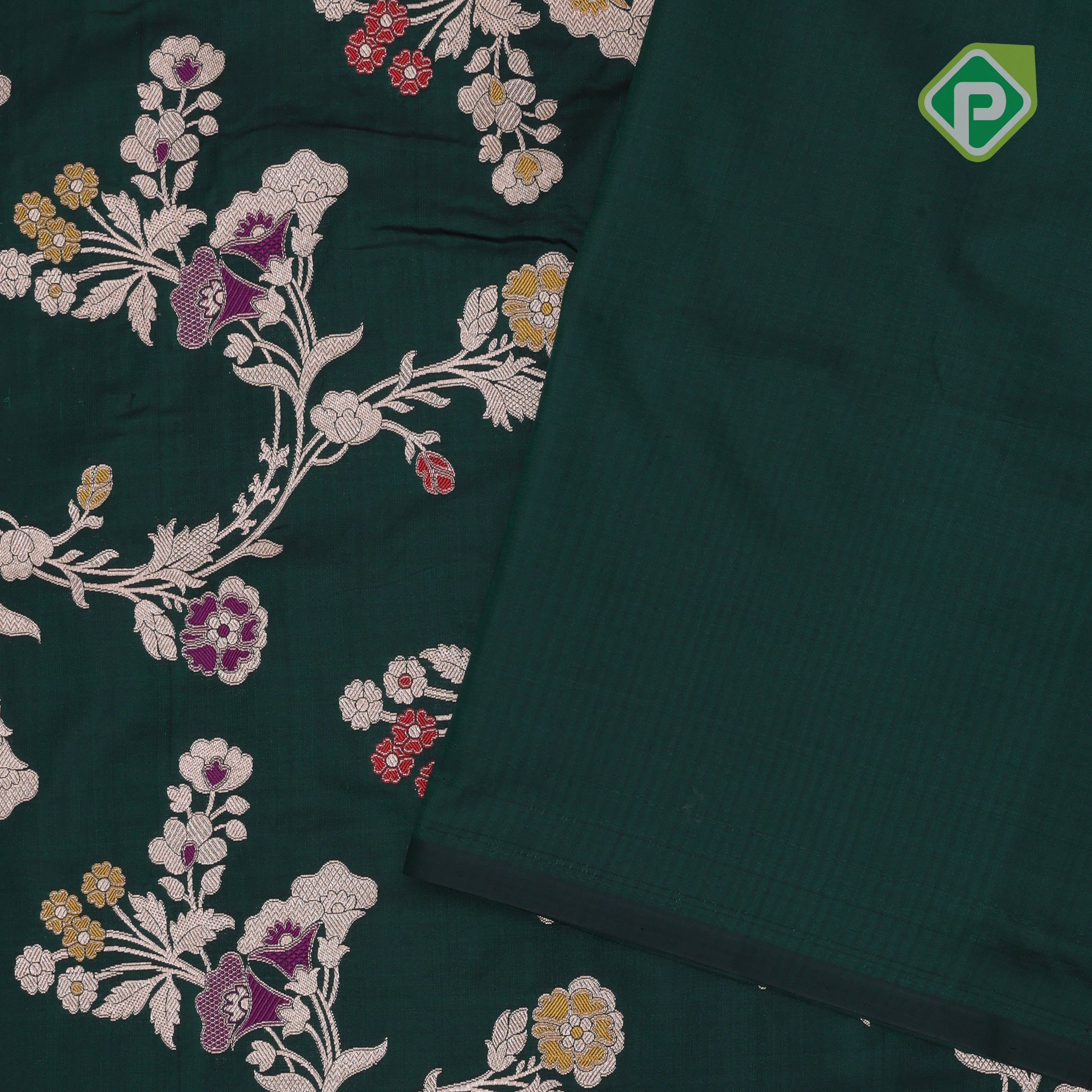 bottle green silver gold zari grand floral design self gold zari rangoli design Banaras silk saree