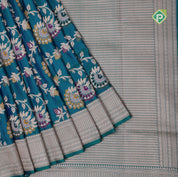 peacock blue silver gold zari grand floral design self gold zari rangoli design border Banaras silk saree