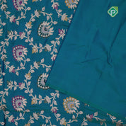peacock blue silver gold zari grand floral design self gold zari rangoli design border Banaras silk saree