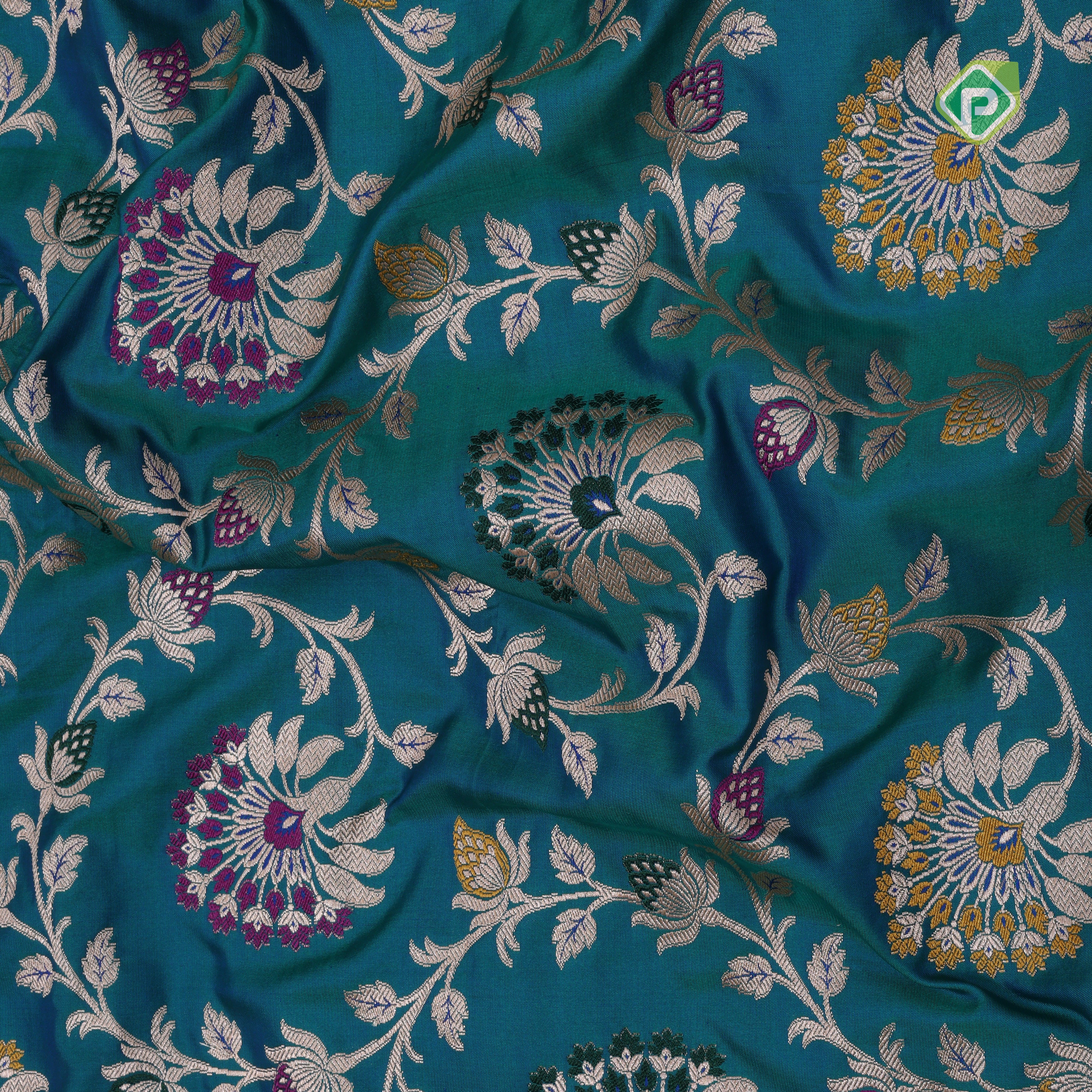 peacock blue silver gold zari grand floral design self gold zari rangoli design border Banaras silk saree