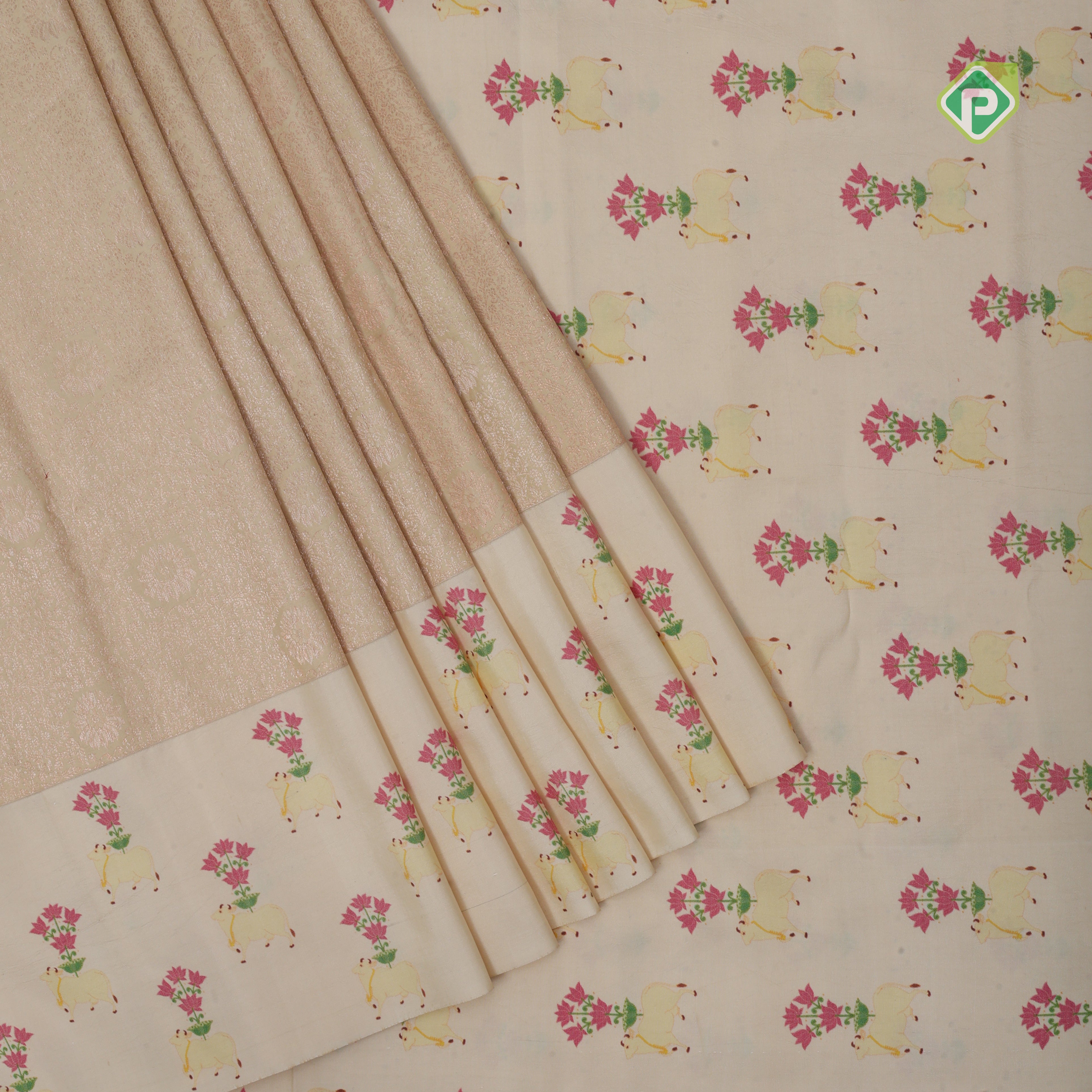 earth green silver zari grand floral creamy green cow and flower bunch digital print border silk saree