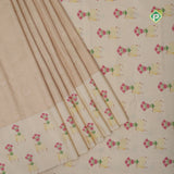 earth green silver zari grand floral creamy green cow and flower bunch digital print border silk saree