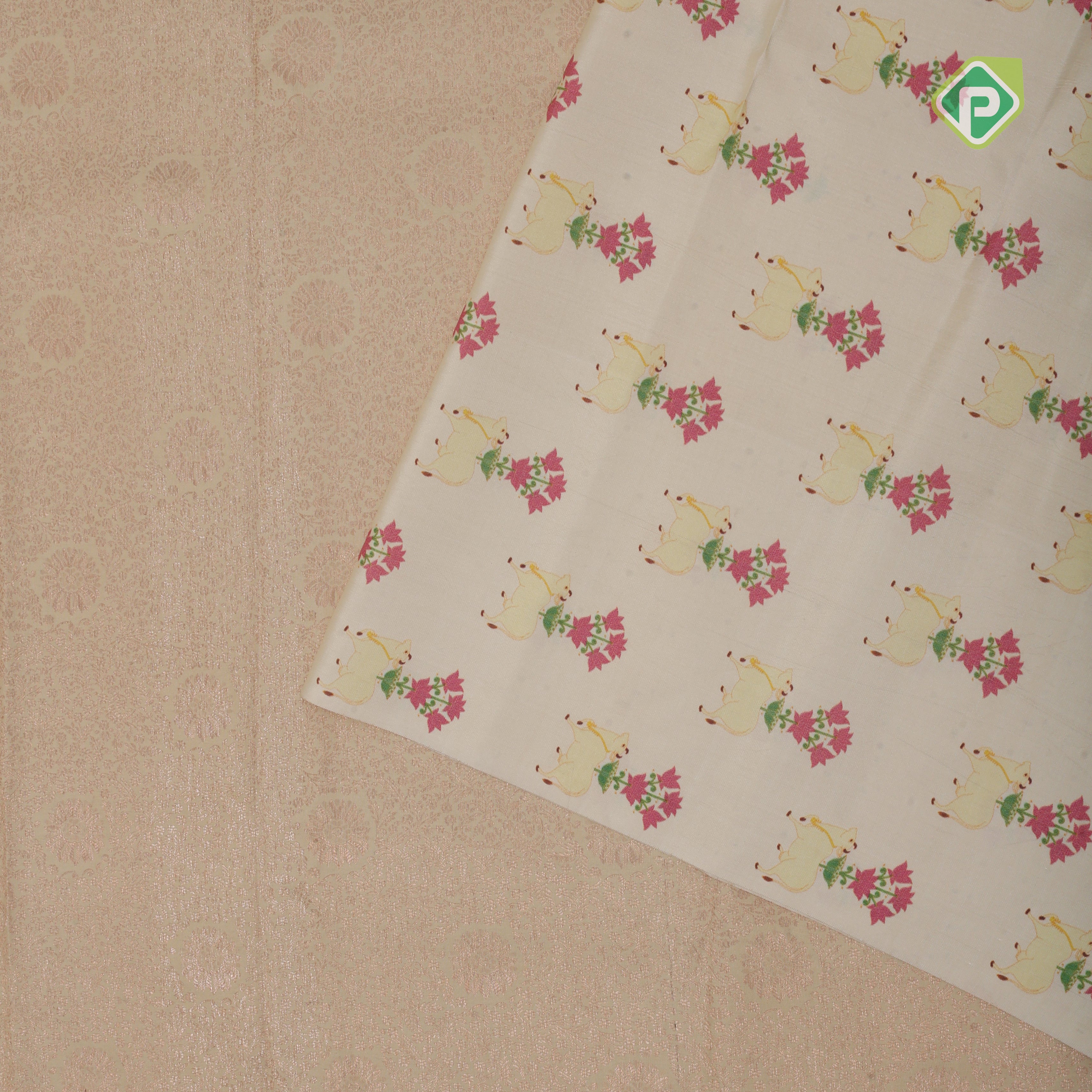earth green silver zari grand floral creamy green cow and flower bunch digital print border silk saree