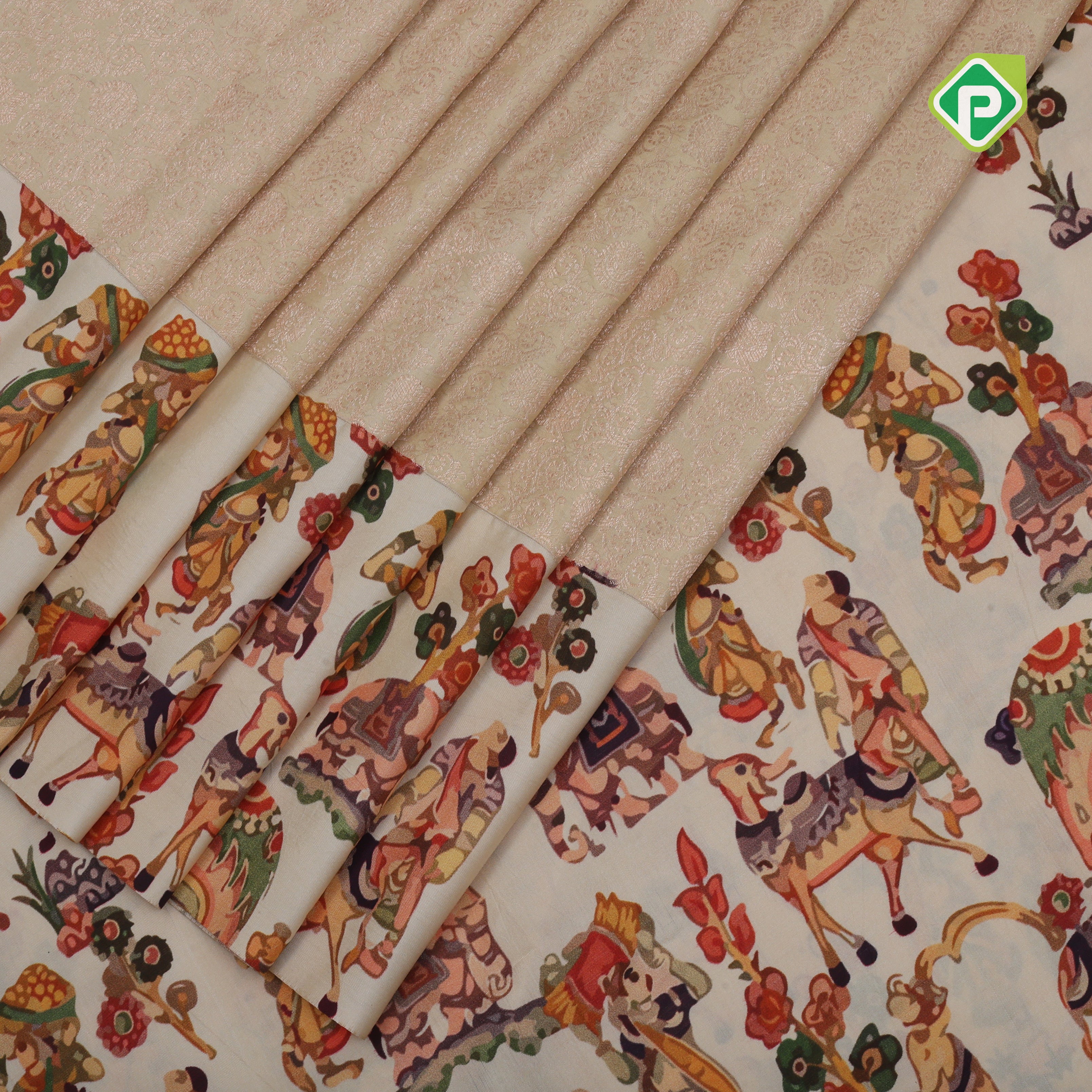 earth green silver gold zari grand floral creamy green animated digital print border silk saree