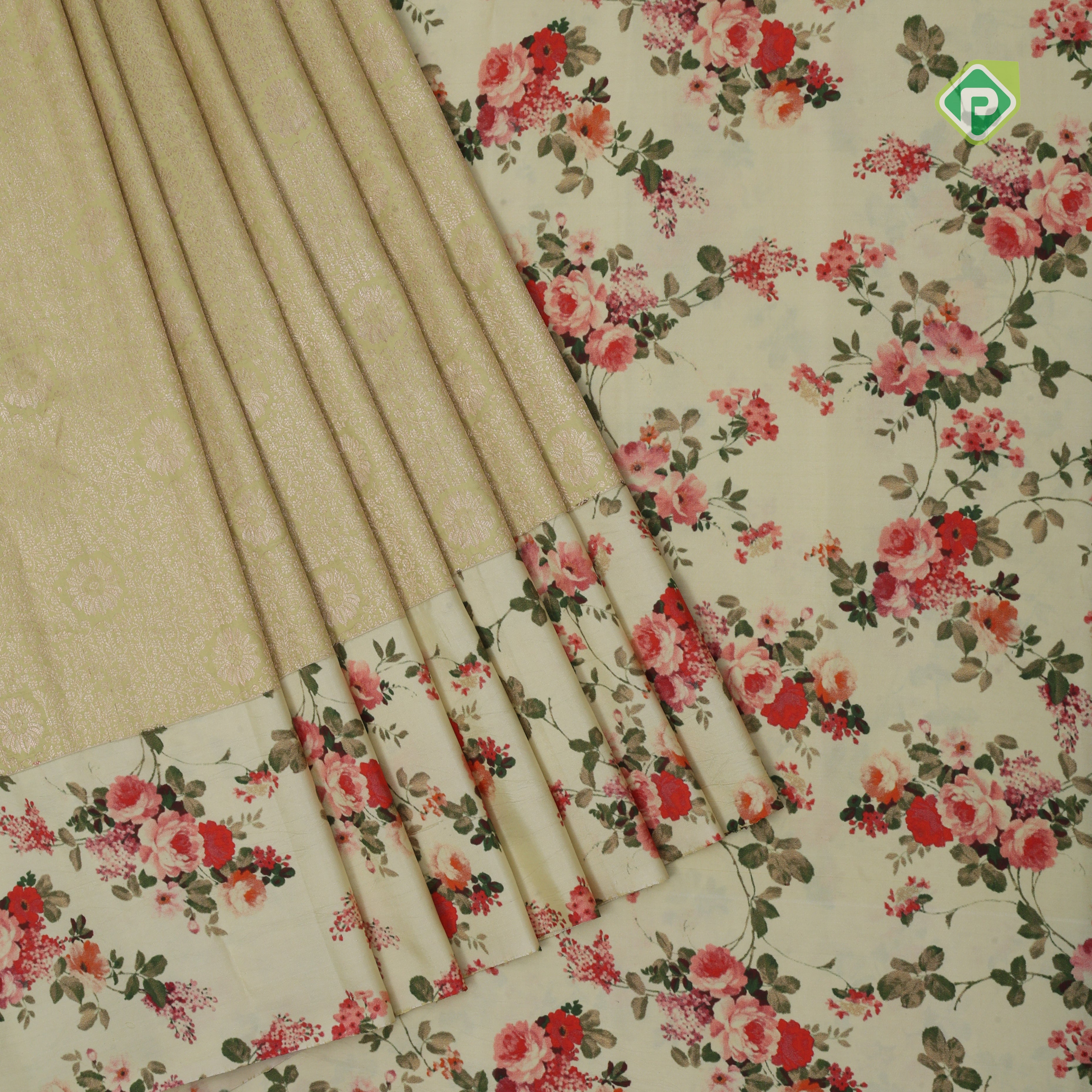 mint green silver zari grand floral creamy green floral digital print border silk saree