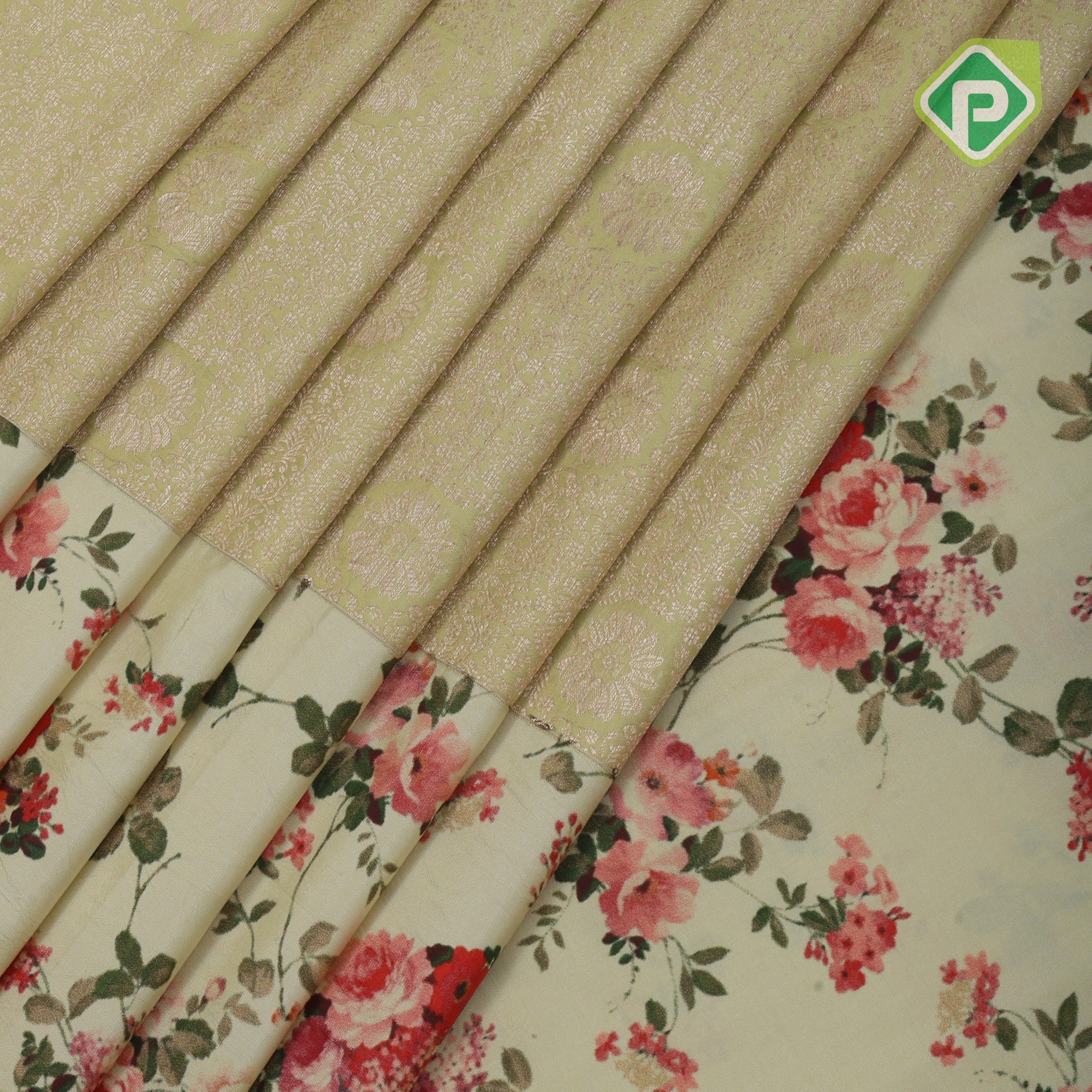 mint green silver zari grand floral creamy green floral digital print border silk saree