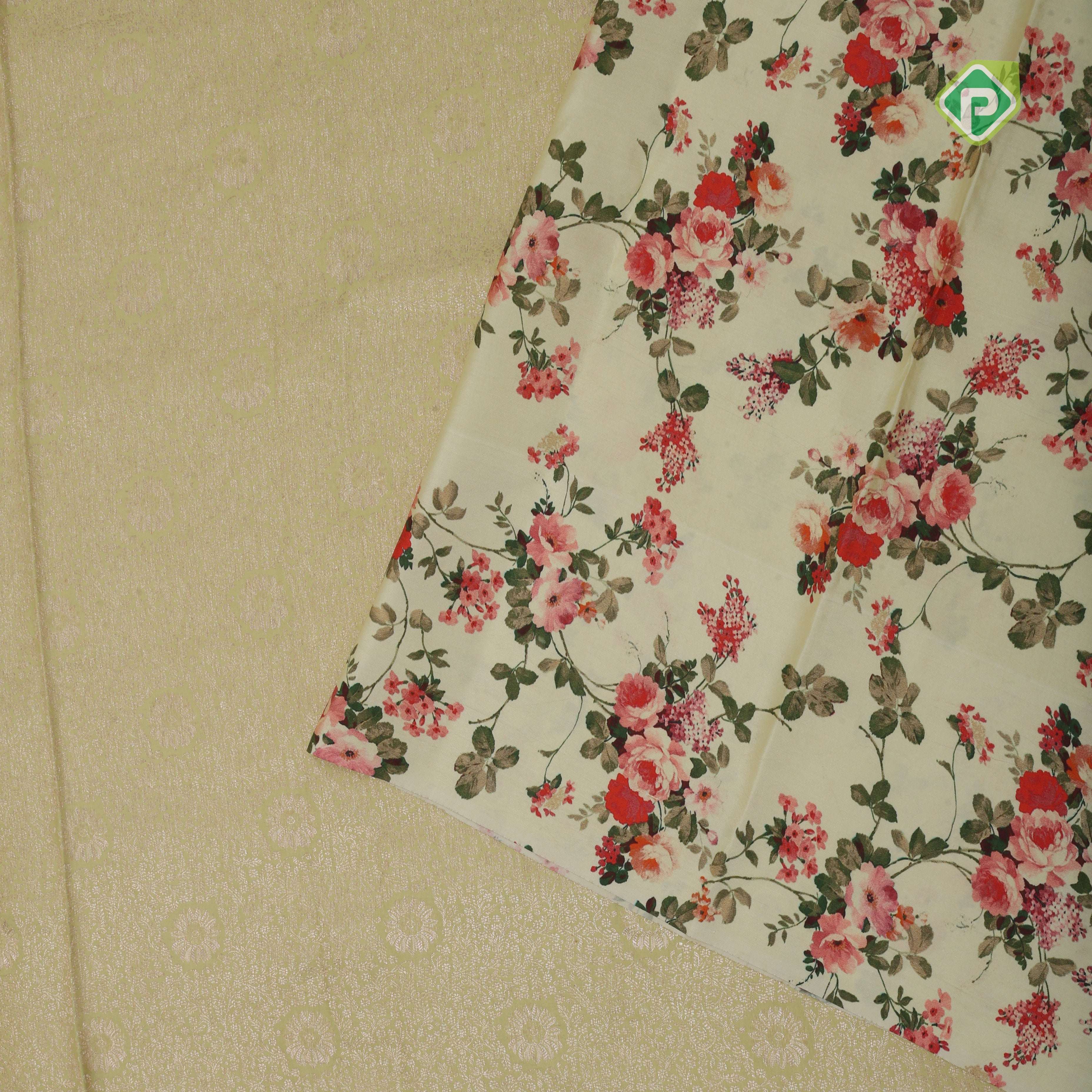 mint green silver zari grand floral creamy green floral digital print border silk saree