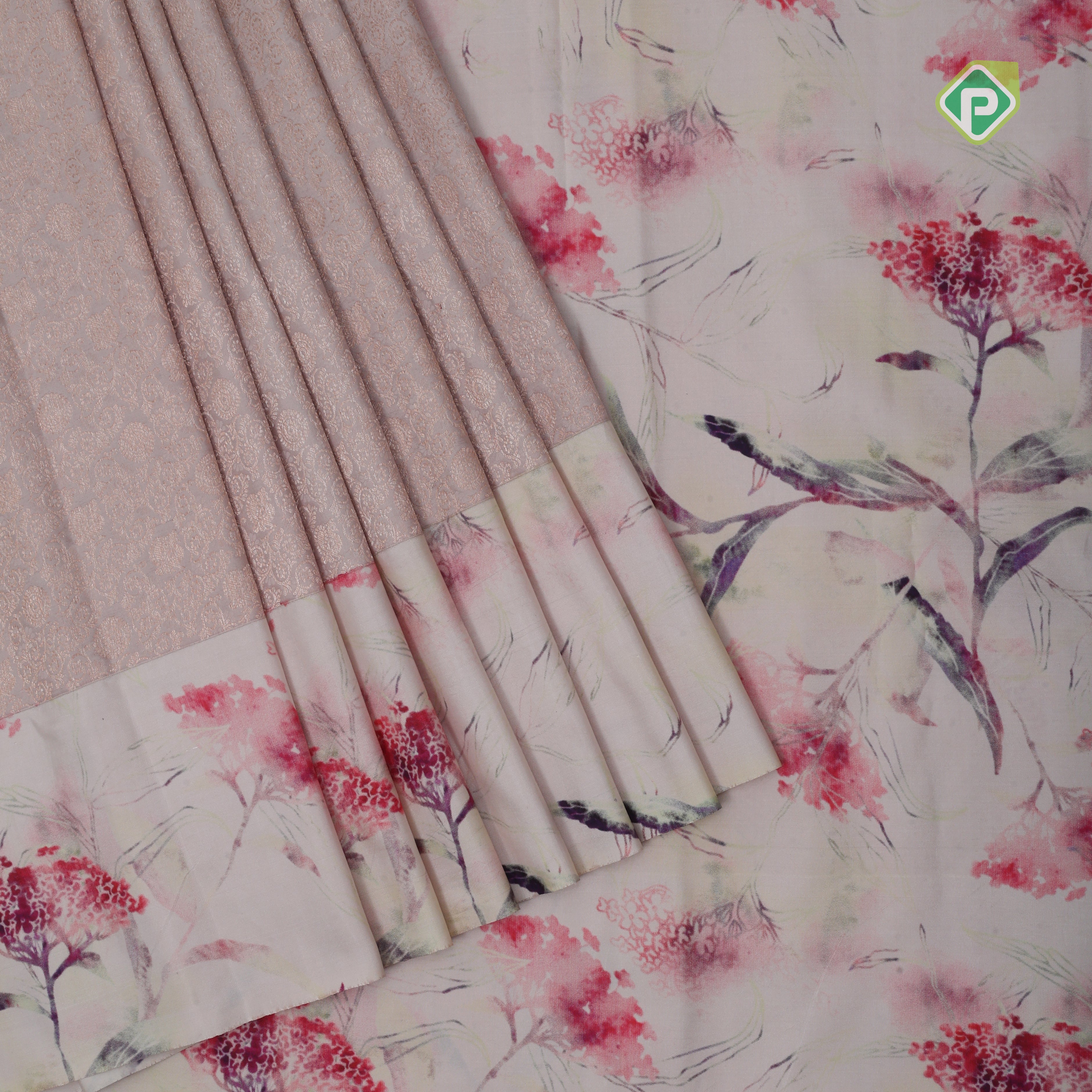 peach gold zari grand floral creamy sandal modern art digital printed border silk saree