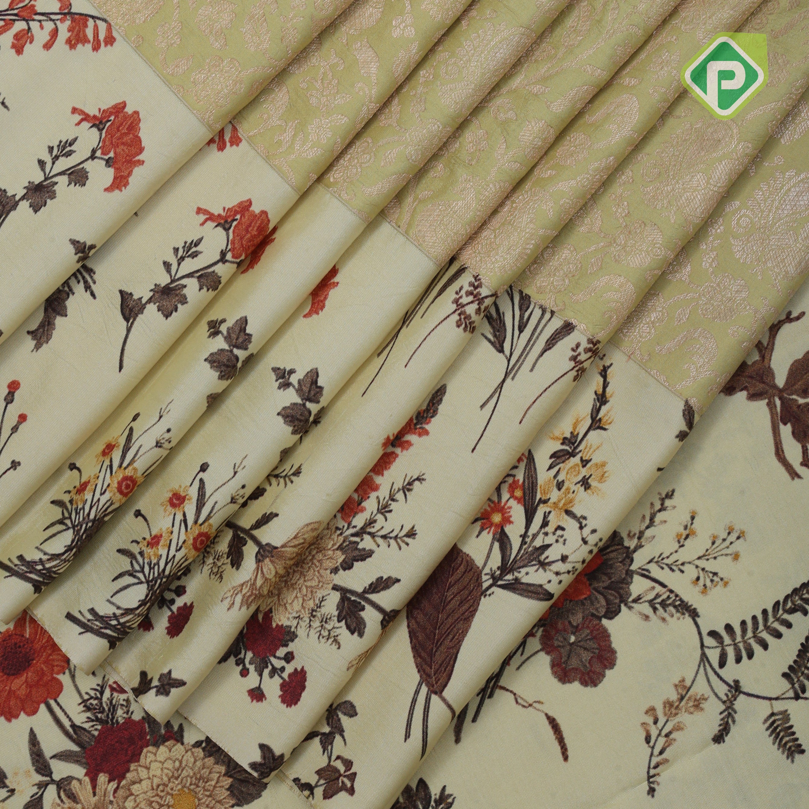 cardamon green gold zari grand floral creamy green modern floral digital printed border silk saree