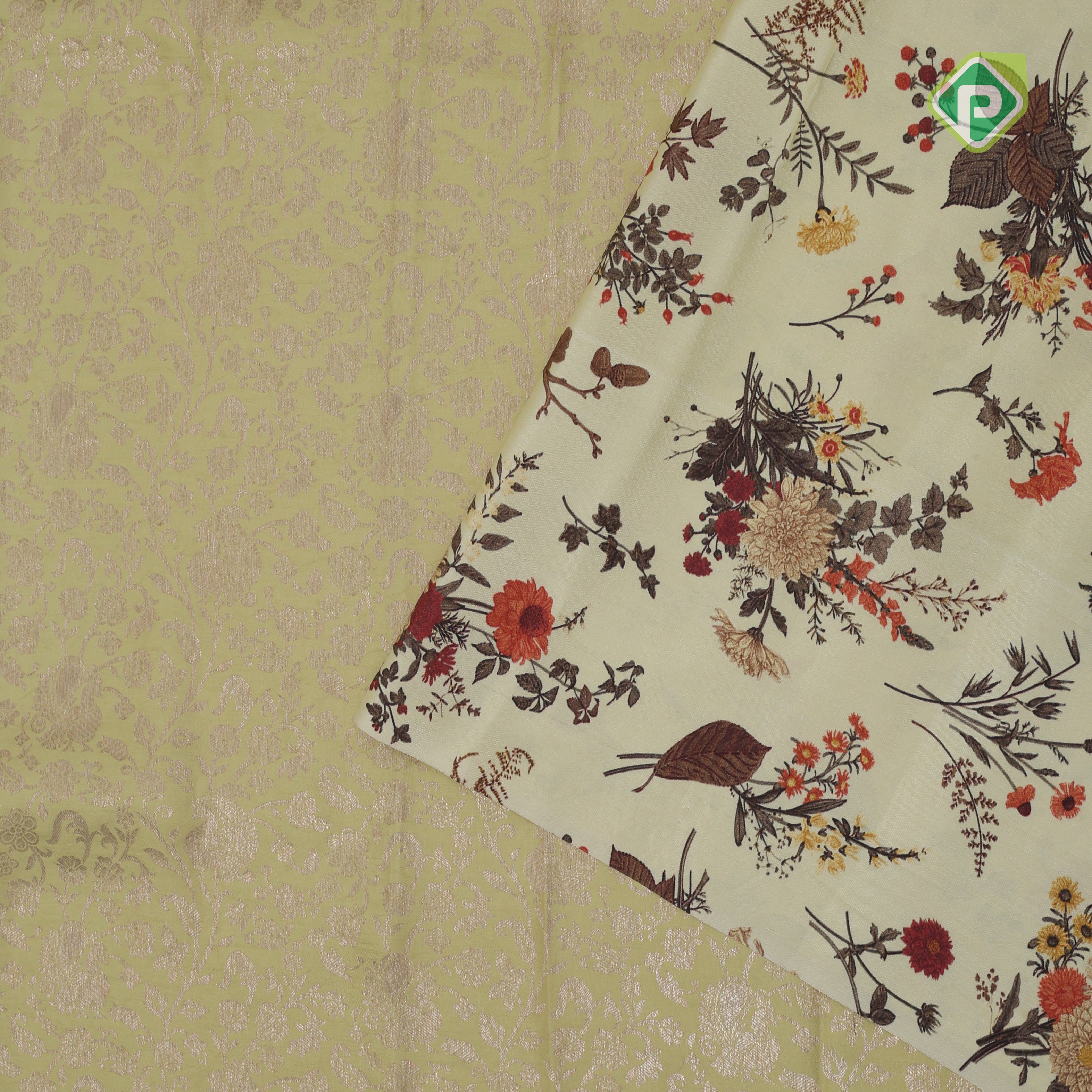cardamon green gold zari grand floral creamy green modern floral digital printed border silk saree
