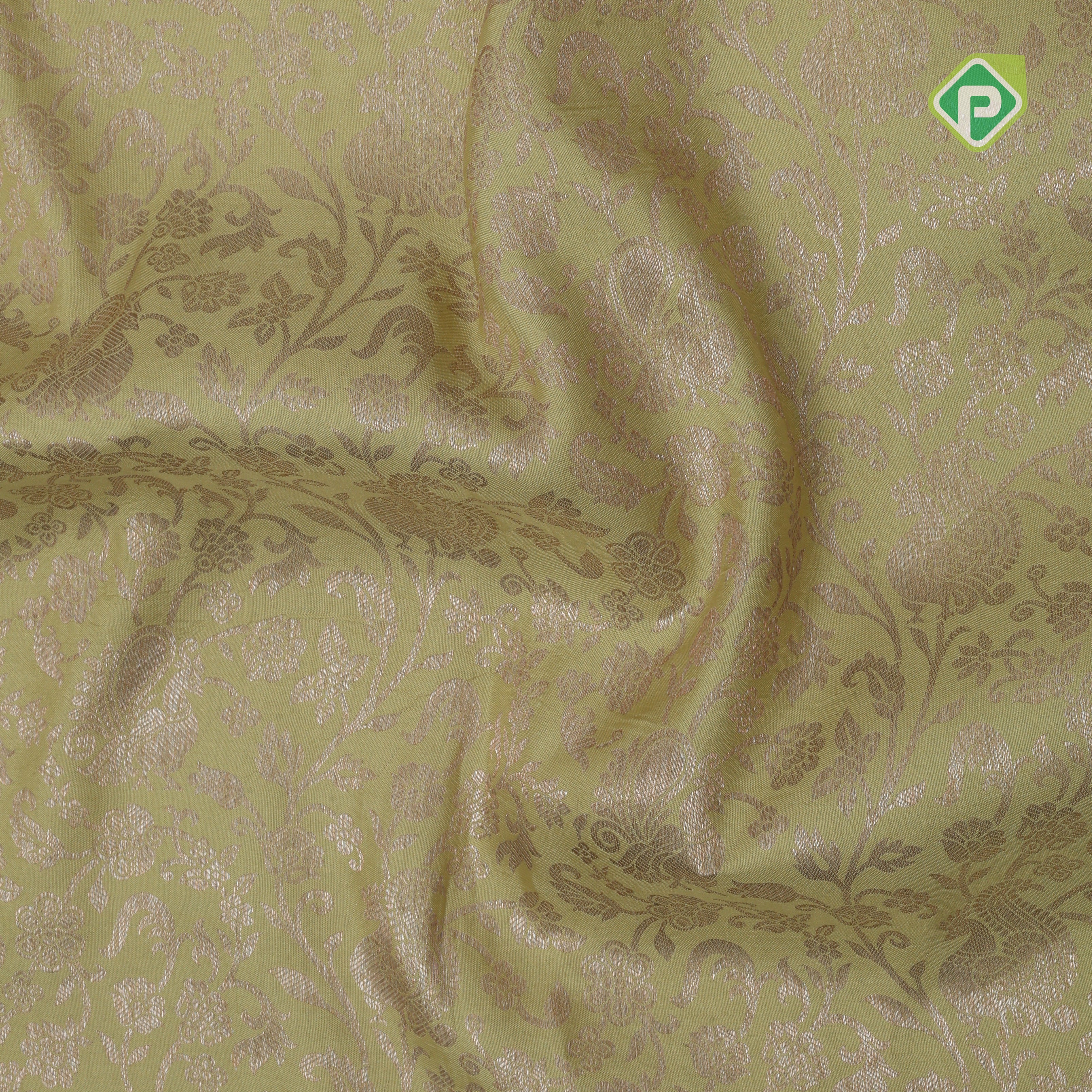 cardamon green gold zari grand floral creamy green modern floral digital printed border silk saree