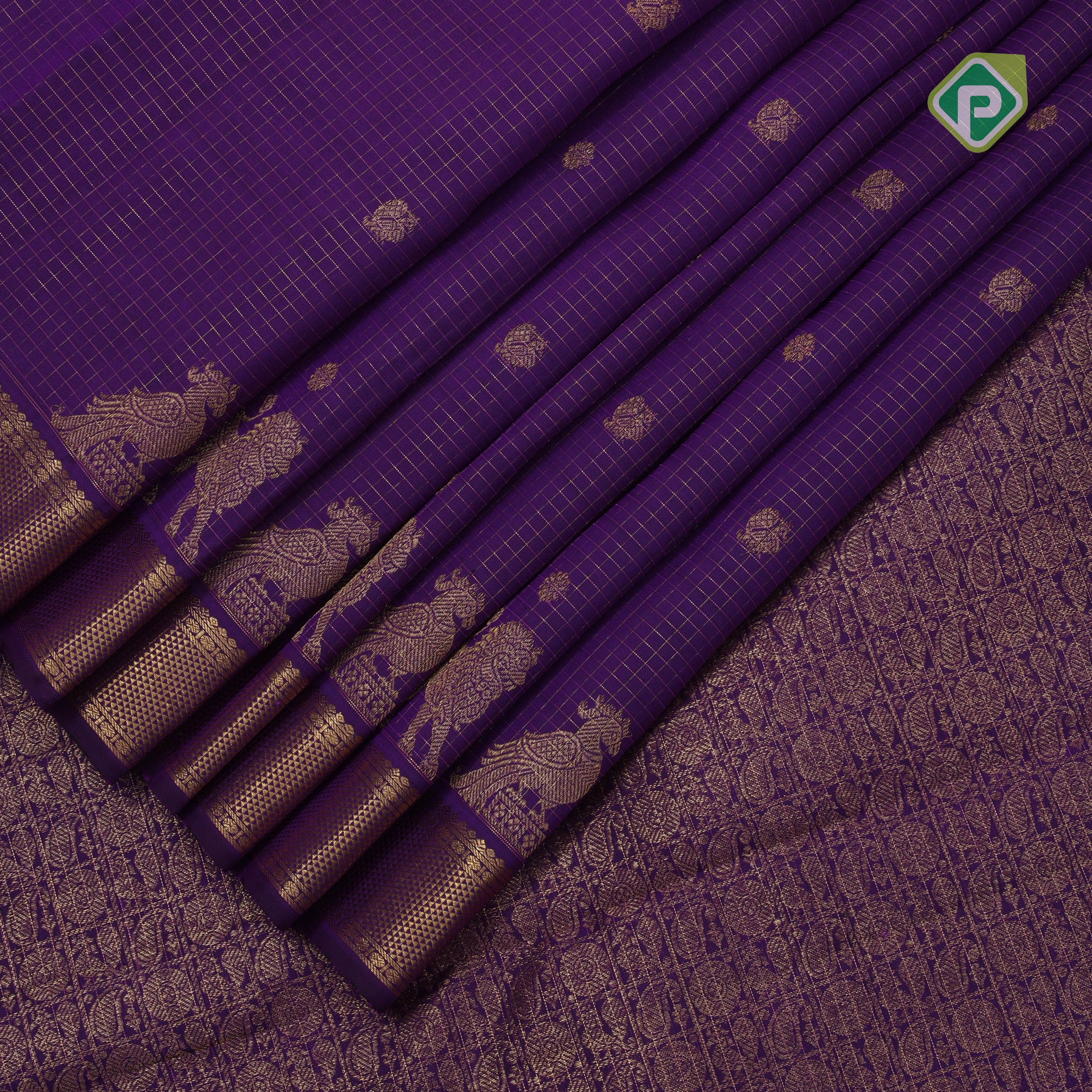 Purple gold zari micro checks and butta design self gold zari mayilkan border traditional silk saree