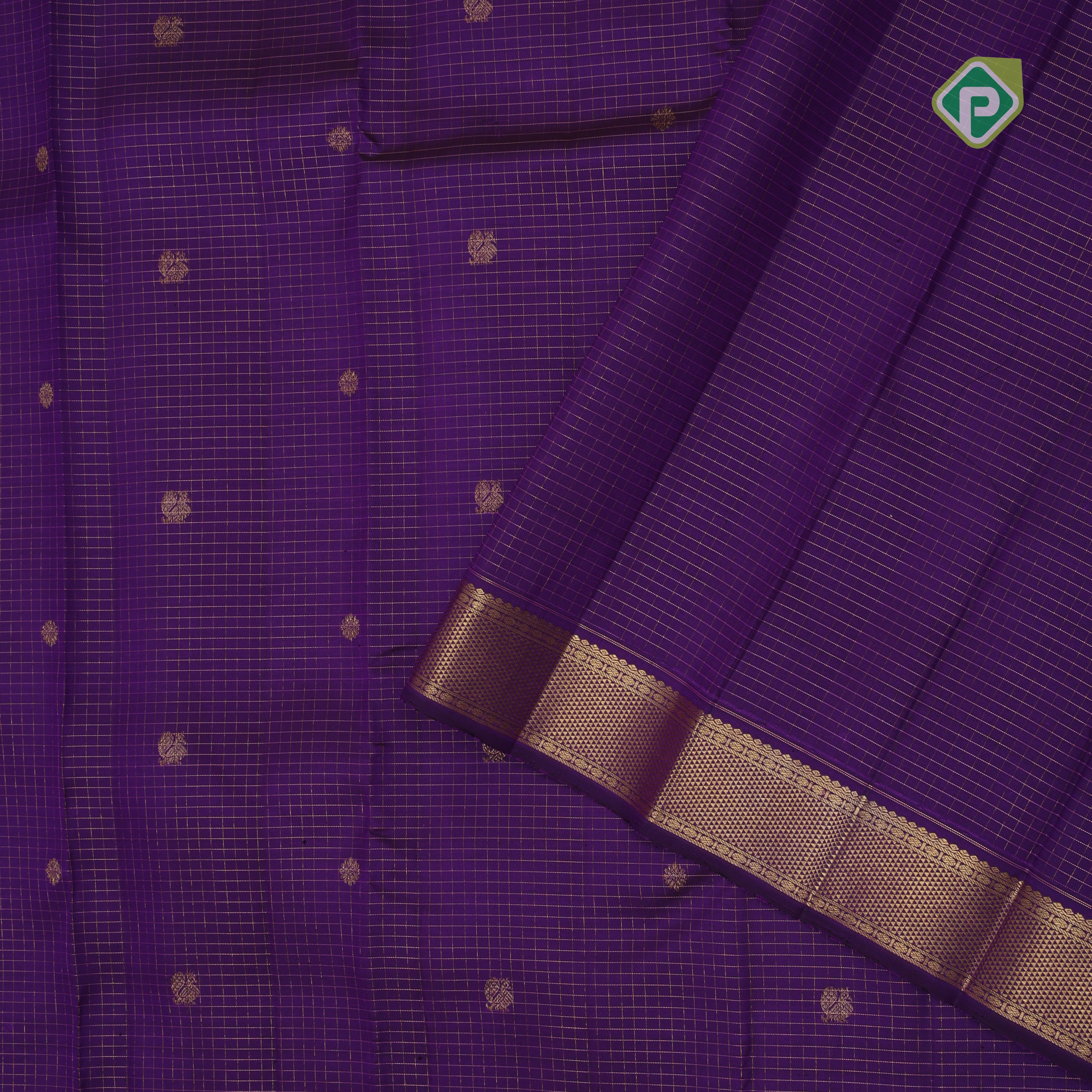 Purple gold zari micro checks and butta design self gold zari mayilkan border traditional silk saree