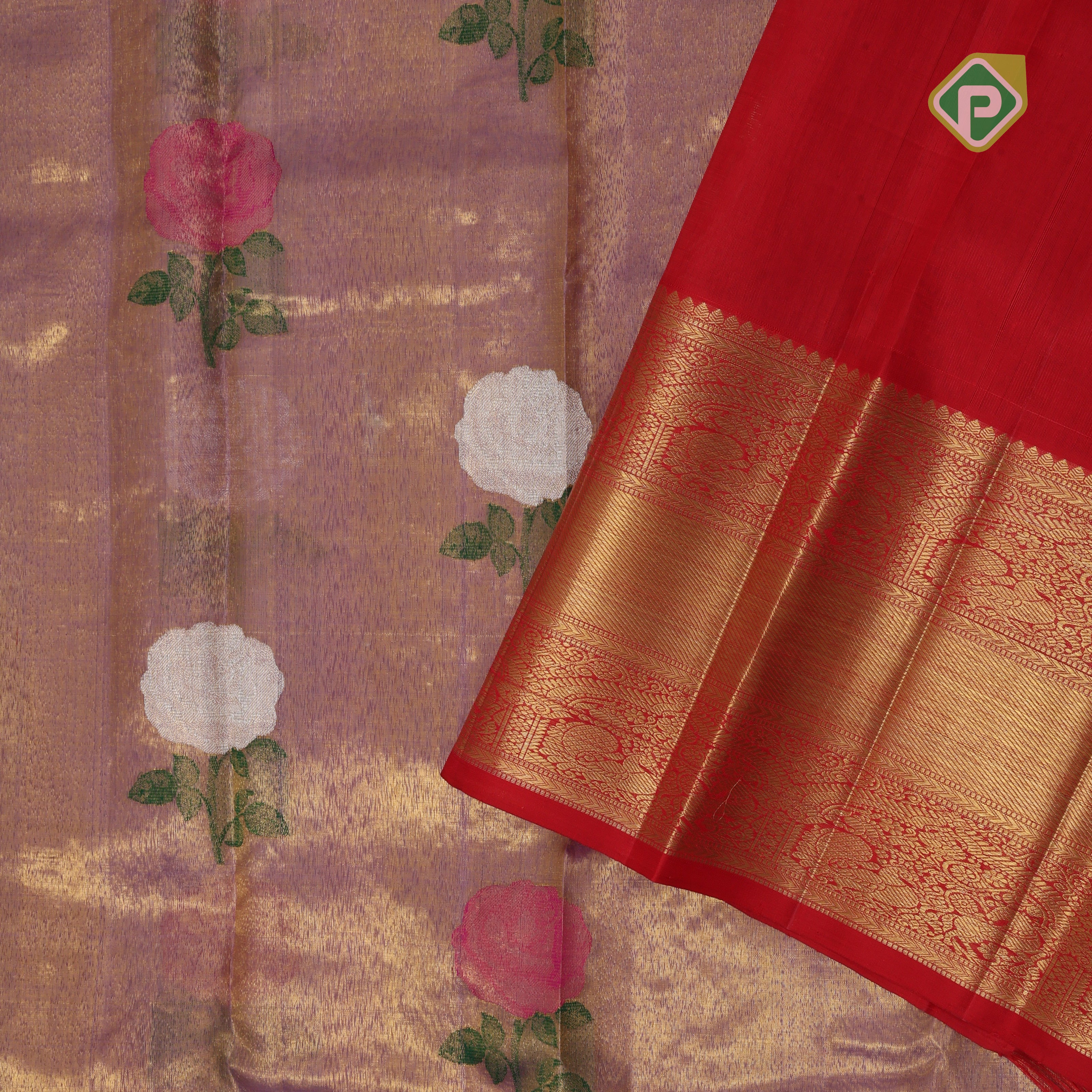 Lavender gold zari tissue multi color rose meena work design red gold zari border bridal tissue silk saree