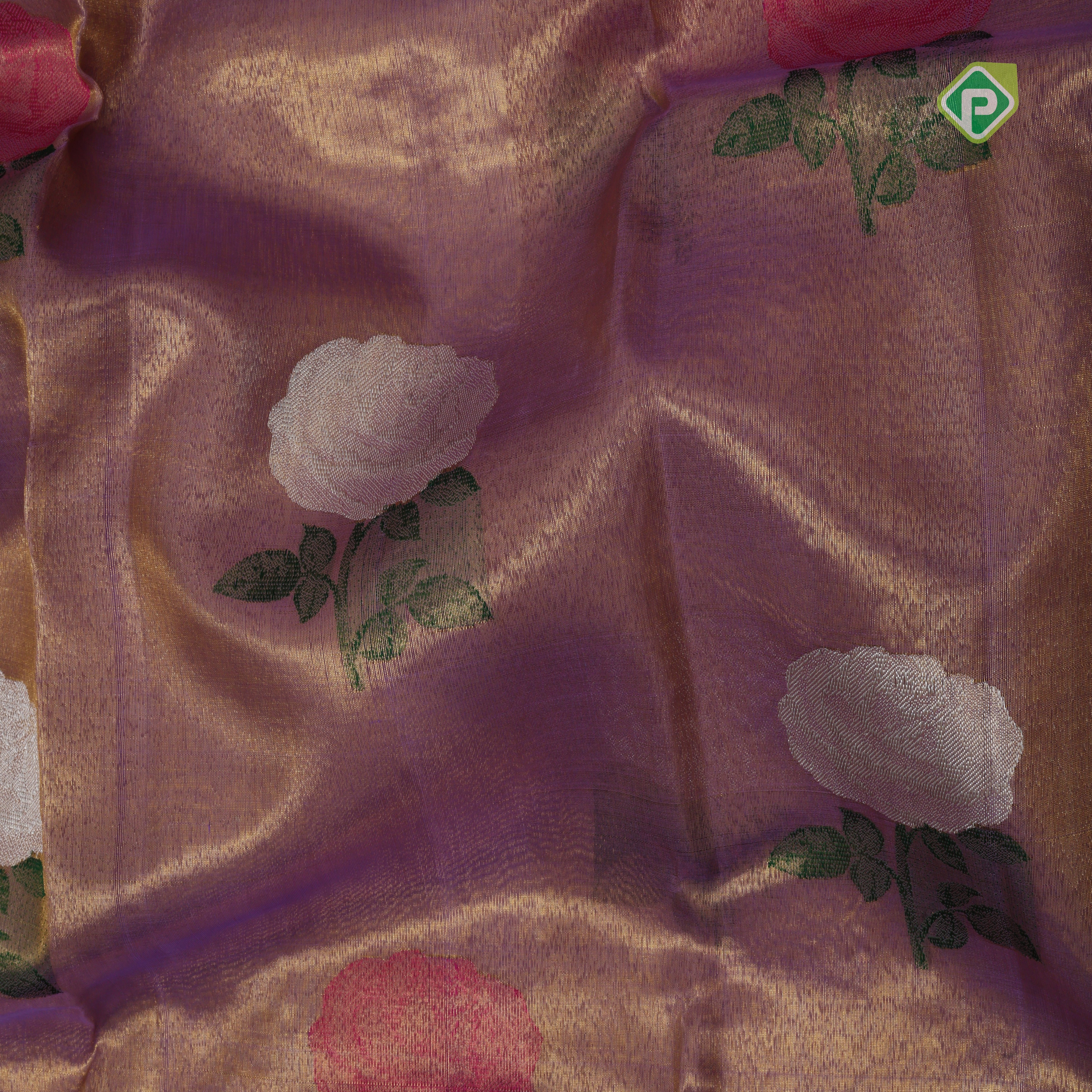 Lavender gold zari tissue multi color rose meena work design red gold zari border bridal tissue silk saree